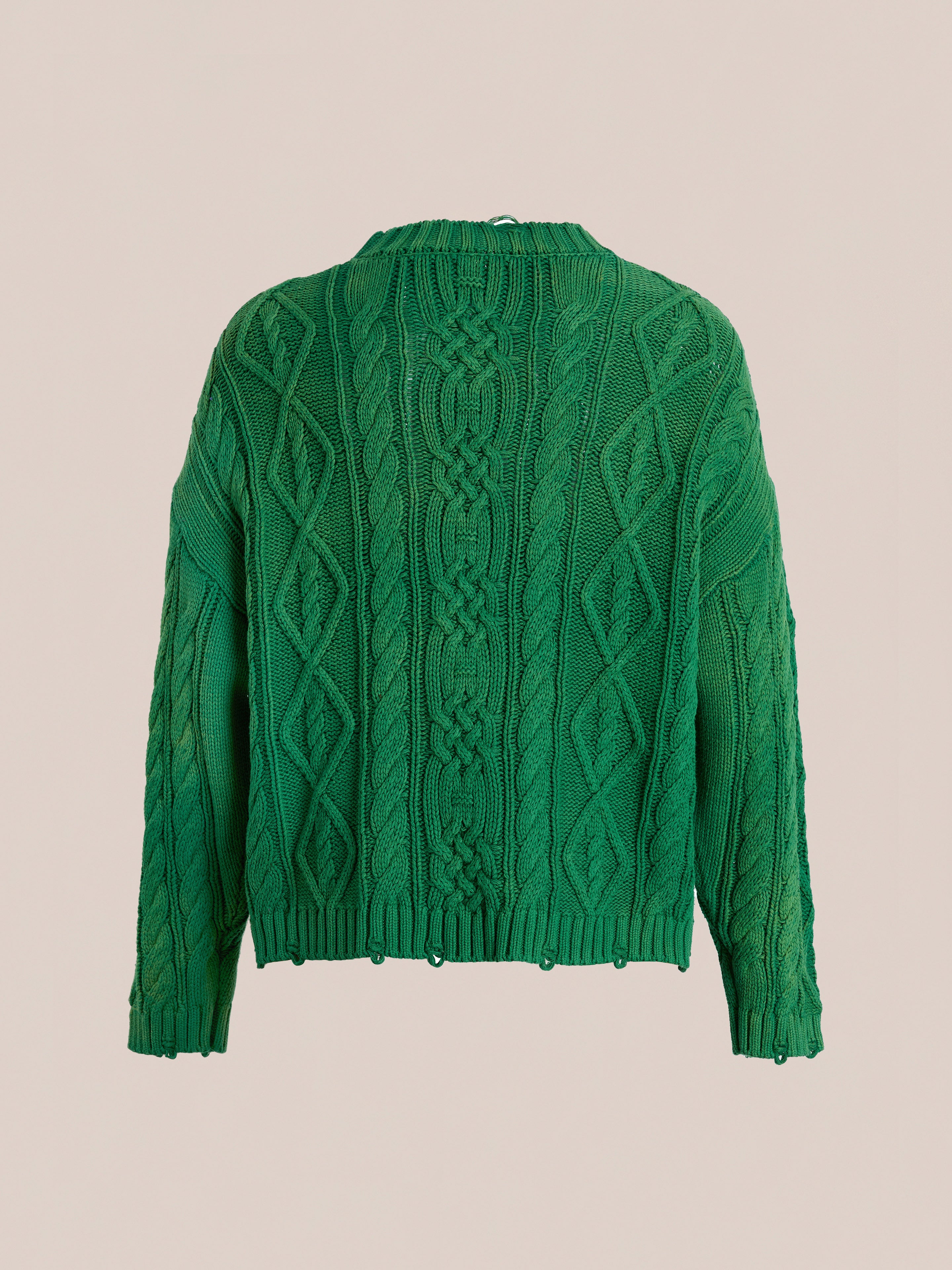 The Found Cable Knit Pullover Sweater features diamond and braided patterns, long sleeves, and ribbed hem and cuffs in a green chunky knit, shown on a plain beige background.