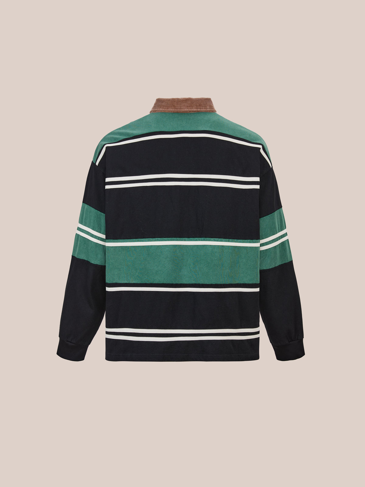 Crestfield Rugby by FOUND: unisex rugby shirt with green, black, and white stripes, brown collar, ribbed black cuffs; back view on beige background.