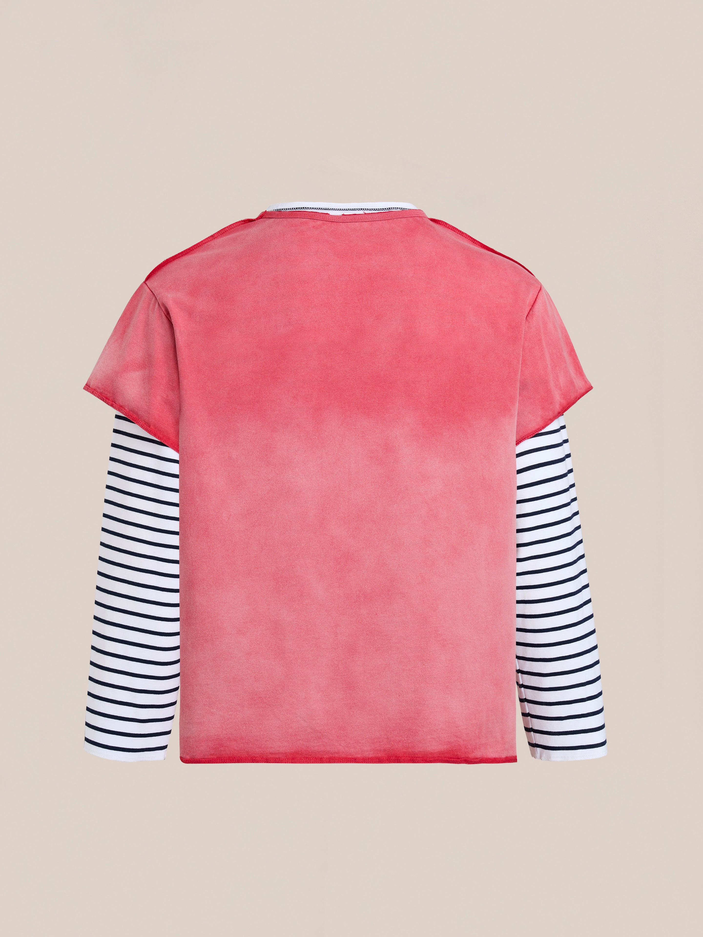 The FOUND Double Layer LS Tee features a red sunfade-wash short sleeve over black-and-white striped long sleeves, shown from the back against a plain beige background.