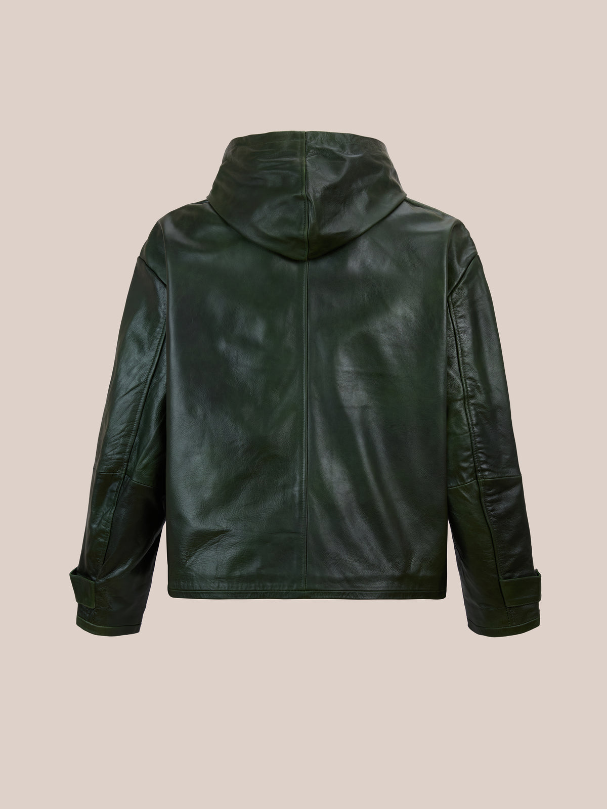 The FOUND Distressed Leather Pocket Hoodie in dark green is shown from the back against a plain beige background.