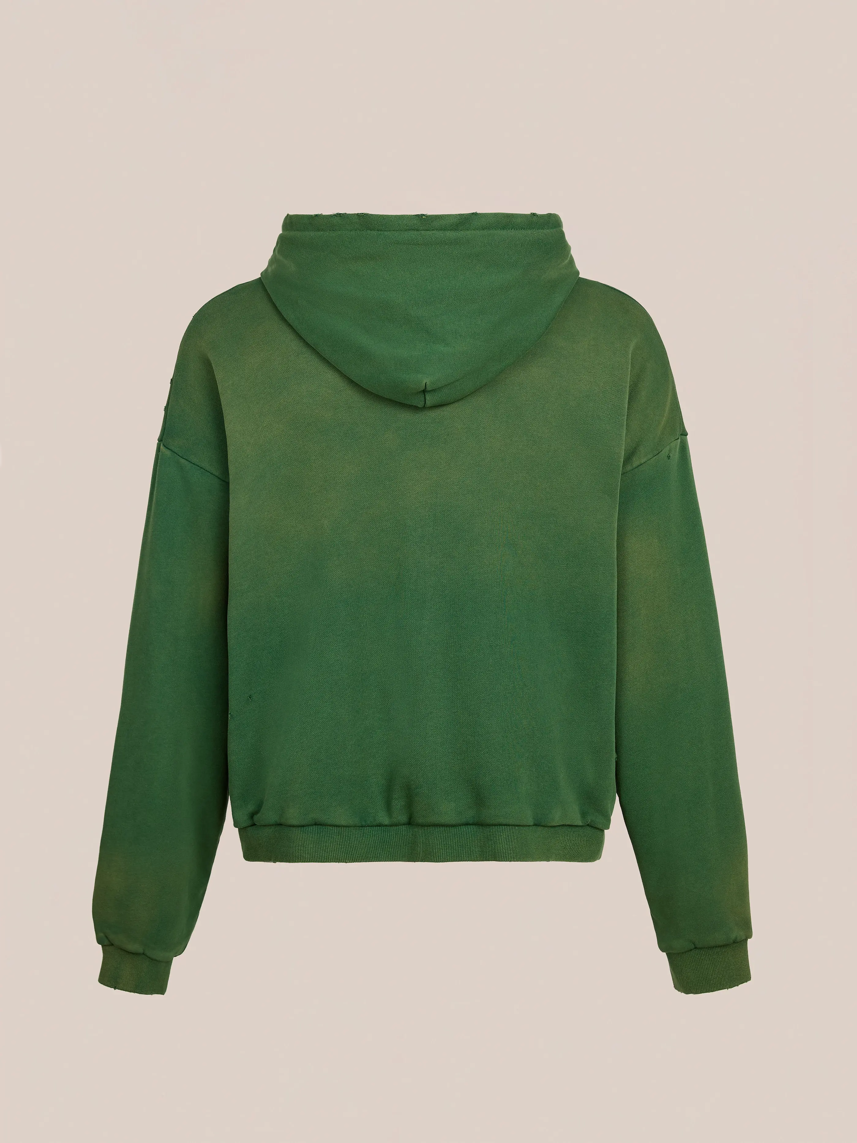 The FOUND Distressed Thermal Lined Zip Up Hoodie in green, unisex relaxed fit, shown from the back against a plain light background.