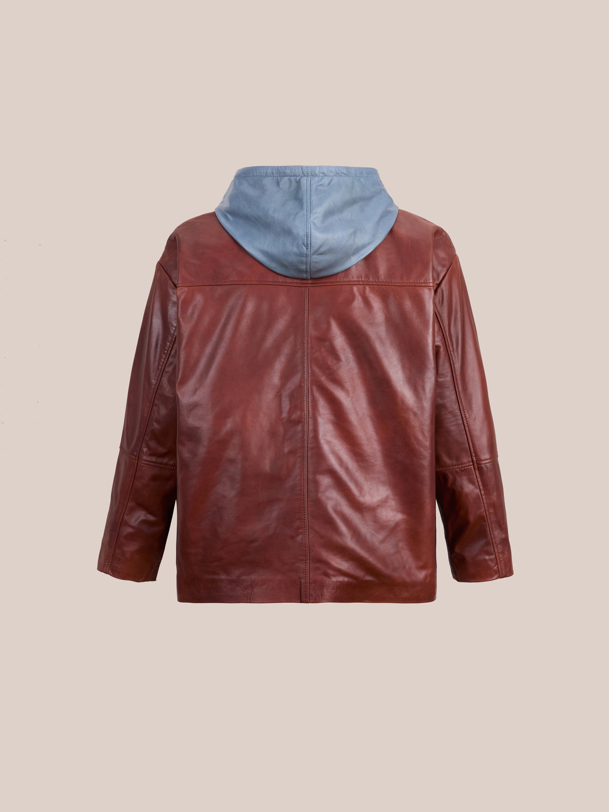 Back view of the FOUND Double Layer Leather Hooded Jacket in brown, featuring a blue hood, displayed against a plain beige background.