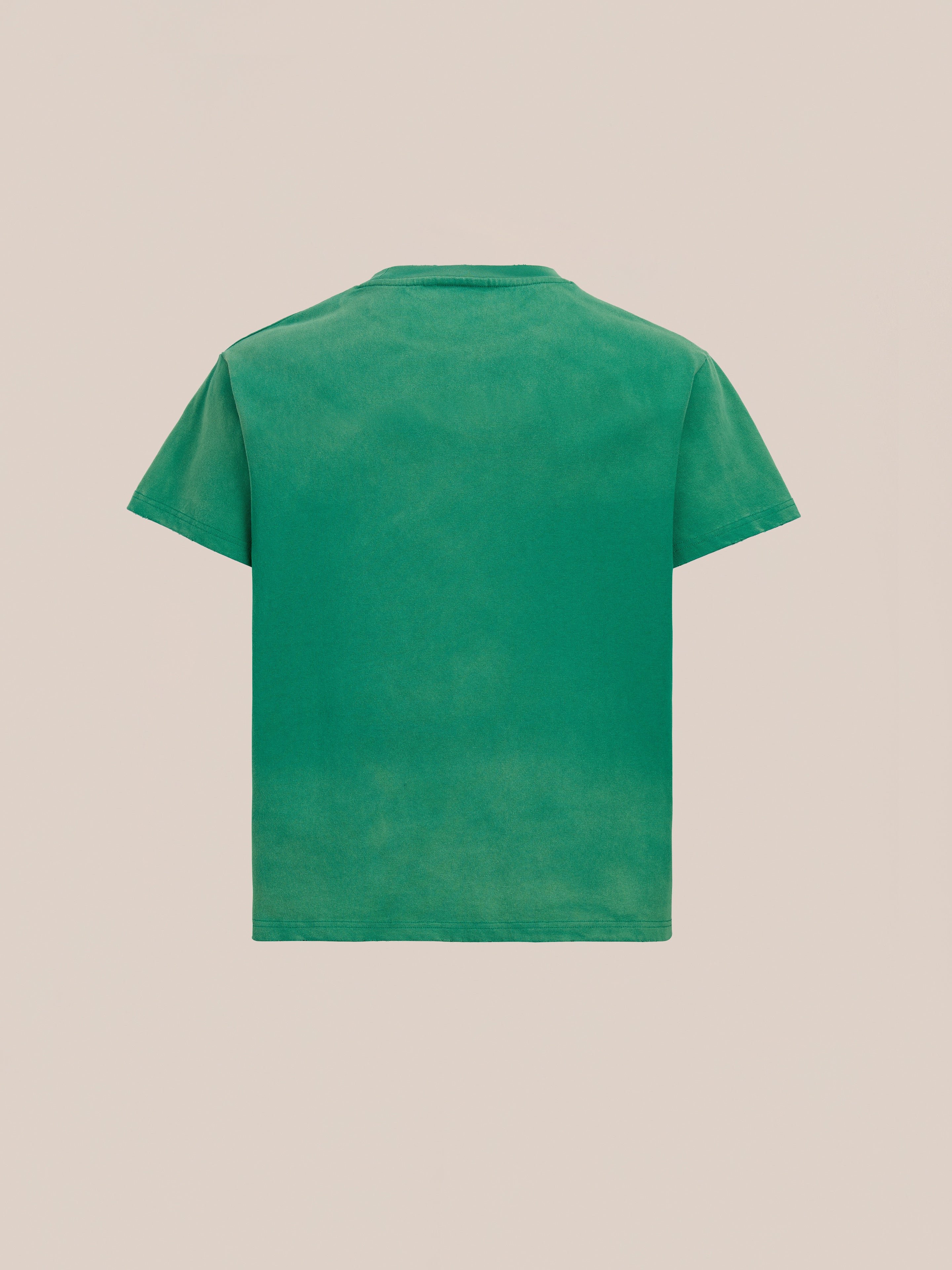 The FOUND Embroidered Wildlife Tee, a green short-sleeve vintage wash t-shirt, is shown from the back against a neutral background.