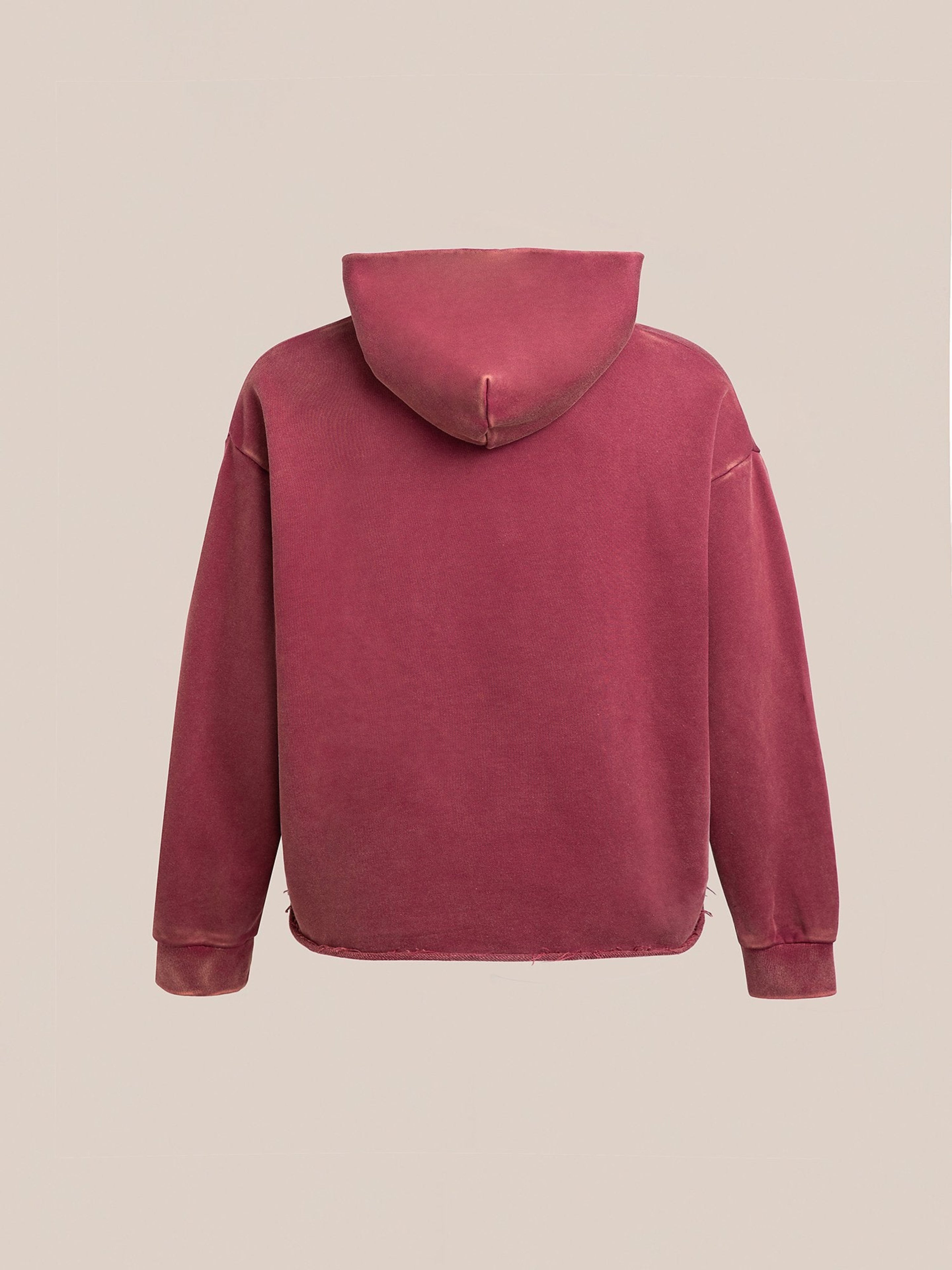 The FOUND Embroidered Wildlife Hoodie in faded red, featuring chenille embroidery, is shown from the back against a plain beige background.