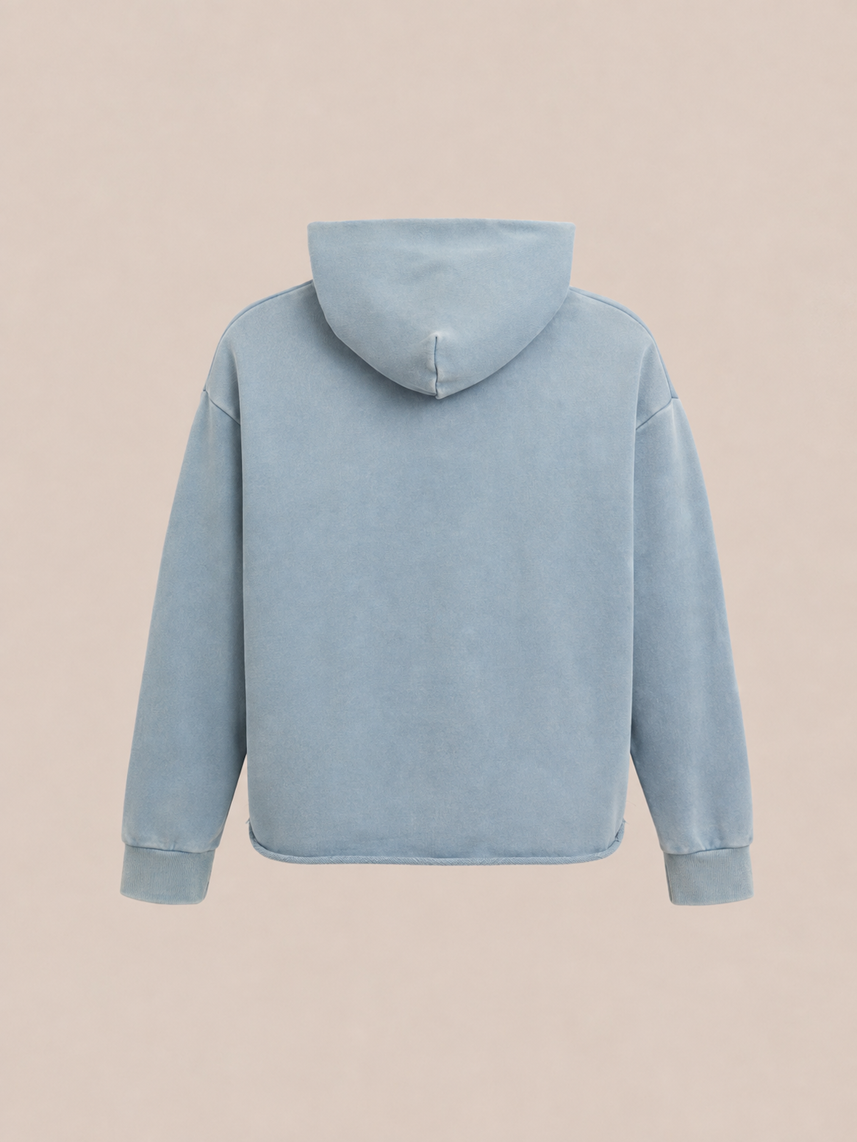 A light blue FOUND Embroidered Wildlife Hoodie, crafted from vintage French-terry cotton, is displayed from the back against a pale beige background.