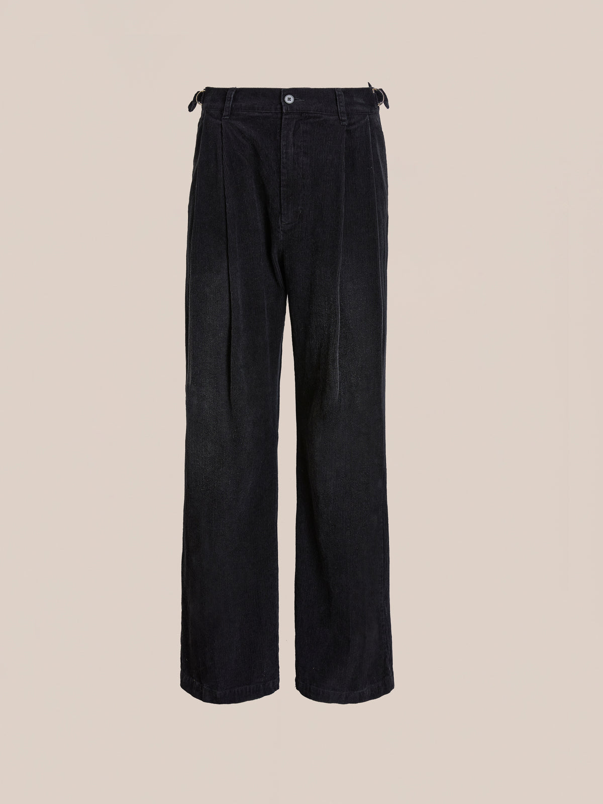 The FOUND Faded Pleated Corduroy Pants feature a high waist, wide legs, double pleats, and a button closure, shown against a plain beige background.