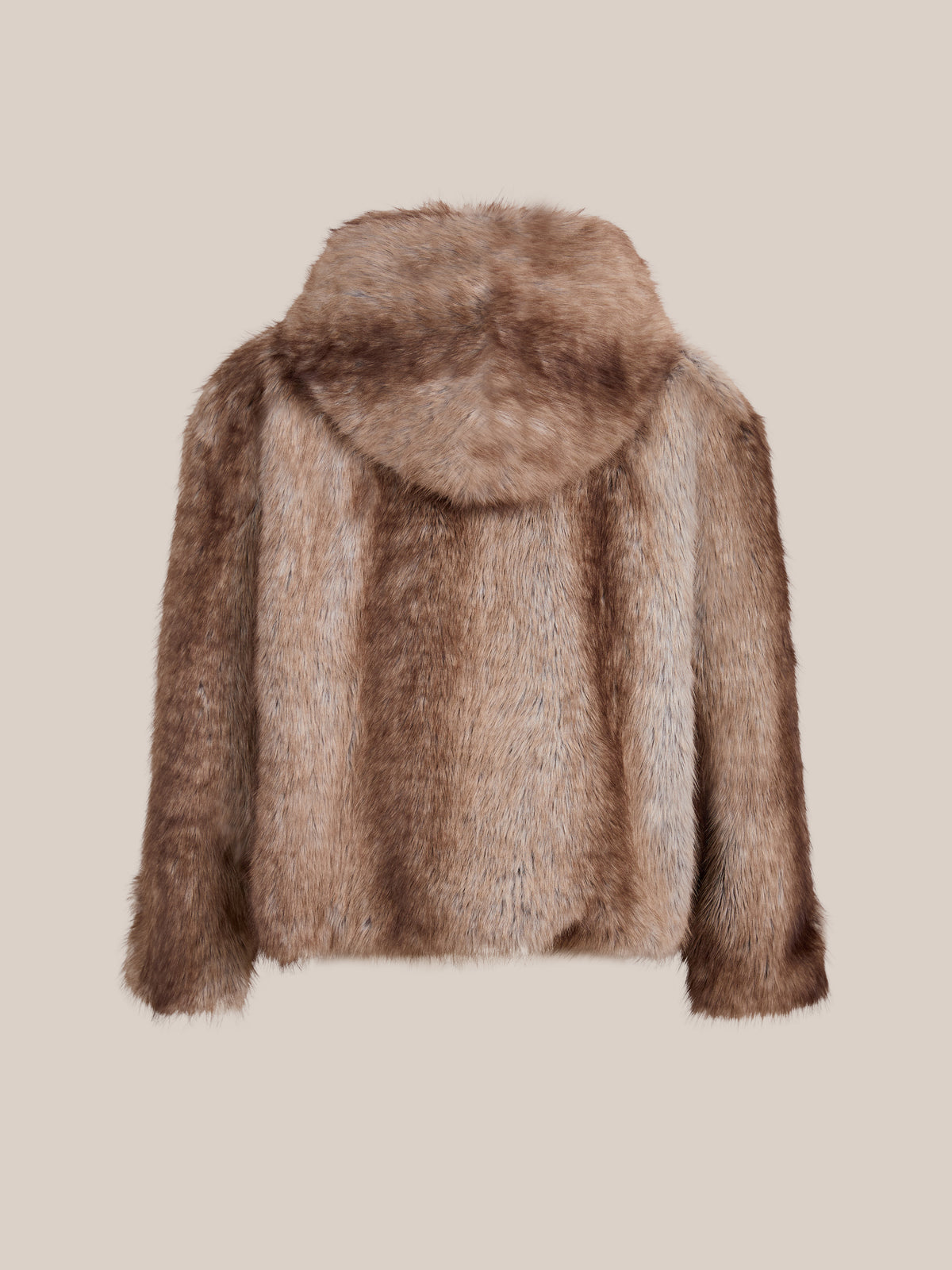The FOUND Faux Fur Hoodie is shown from the back against a light beige background—a cozy unisex jacket perfect for chilly winter days.