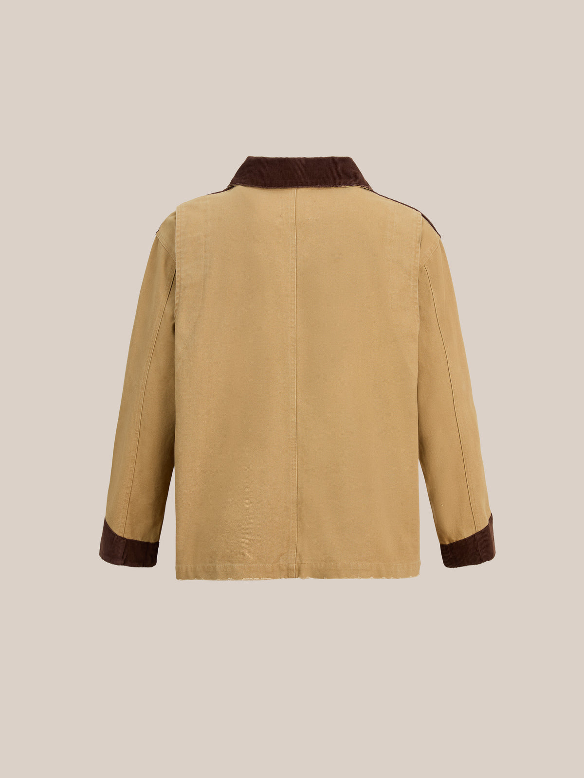 Found Fireman Clasp Canvas Work Jacket in tan washed canvas, featuring a unisex relaxed fit with long sleeves, a brown collar, and coordinating brown sleeve cuffs; shown from the back against a plain beige backdrop—an essential mid-weight layer for everyday wear.