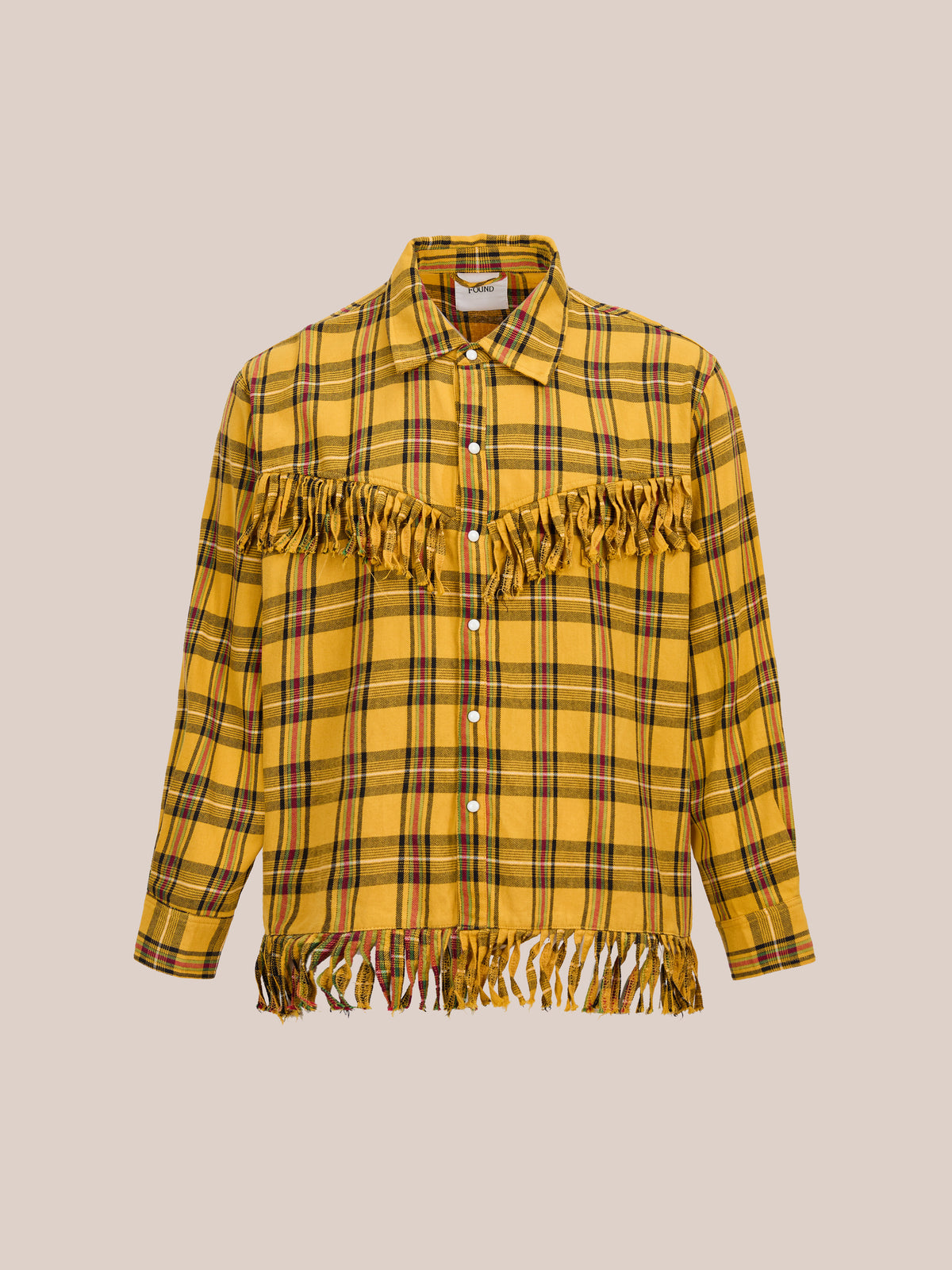FOUND High Plains Fringe Shirt: Yellow plaid, long sleeves, with fringe across chest and hem. Displayed on a plain background.