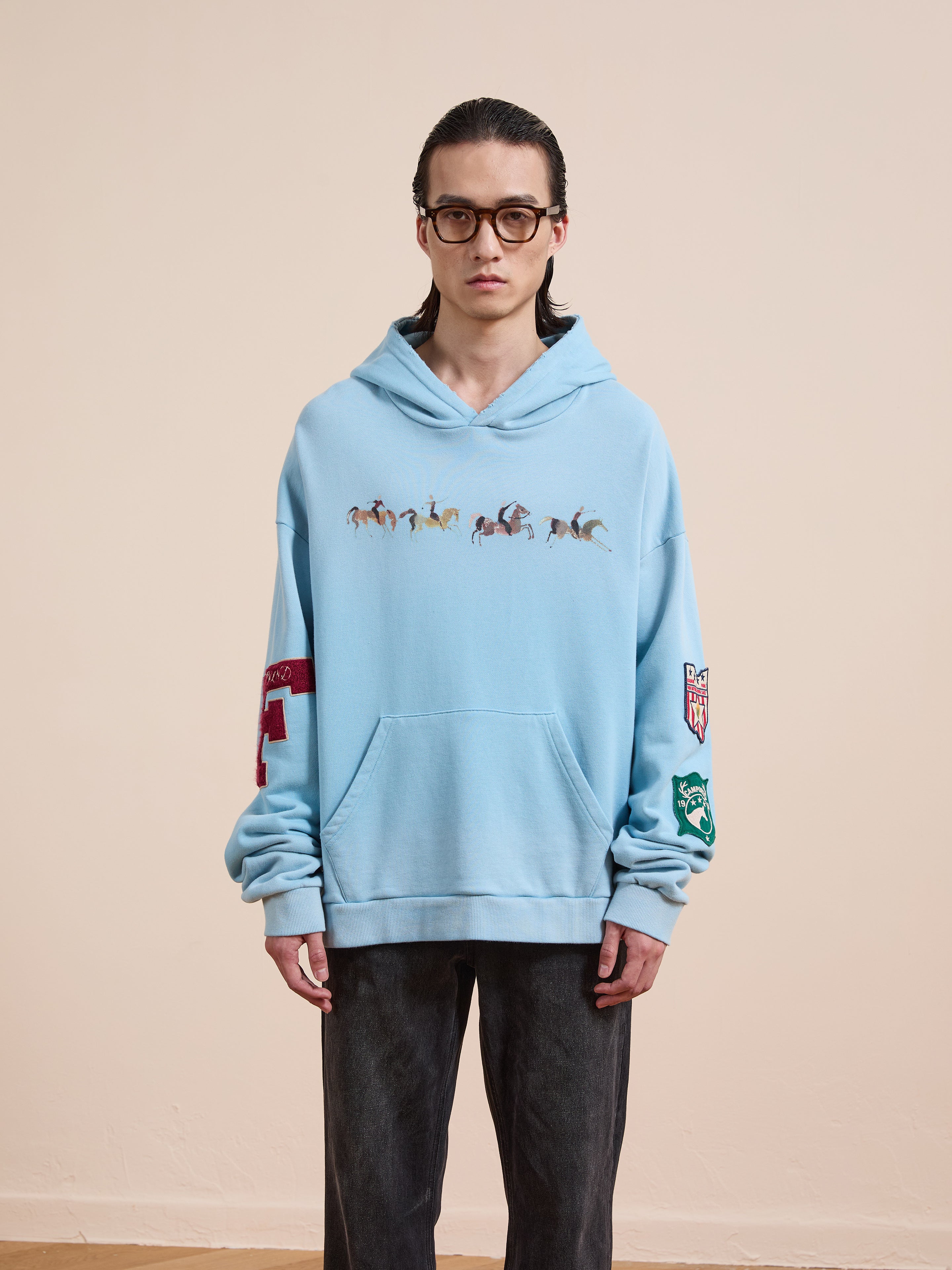 A person wears the FOUND Horse Line Hoodie, a light blue vintage French Terry cotton hoodie with small horse images on the front and sleeve patches, styled with dark pants against a plain light background.