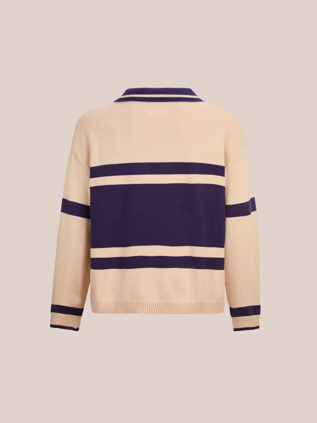 FOUND Knit Jersey in beige features dark purple horizontal stripes on the chest, back, arms, and collar; shown from the back against a plain beige background.