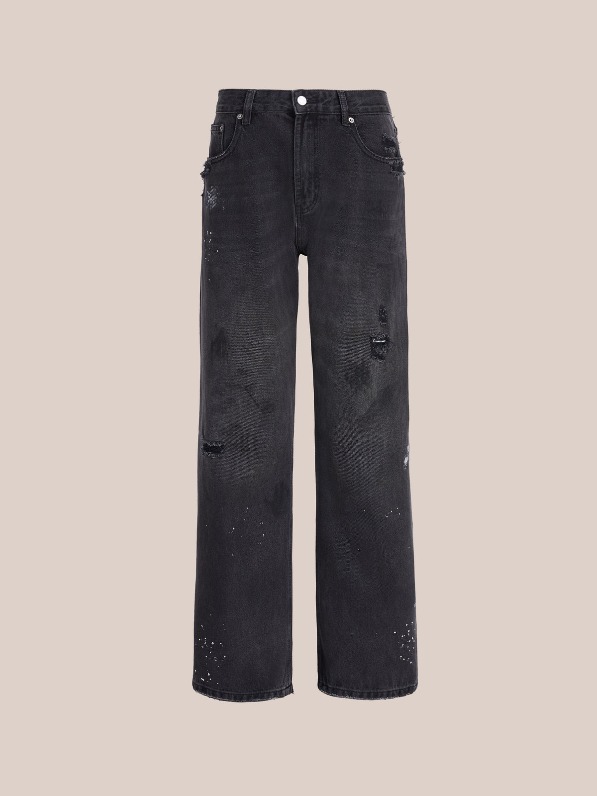 Monet Paint Jeans by FOUND: Vintage black high-waist wide-leg jeans with light distressing and paint splatters, shown on a plain beige background.