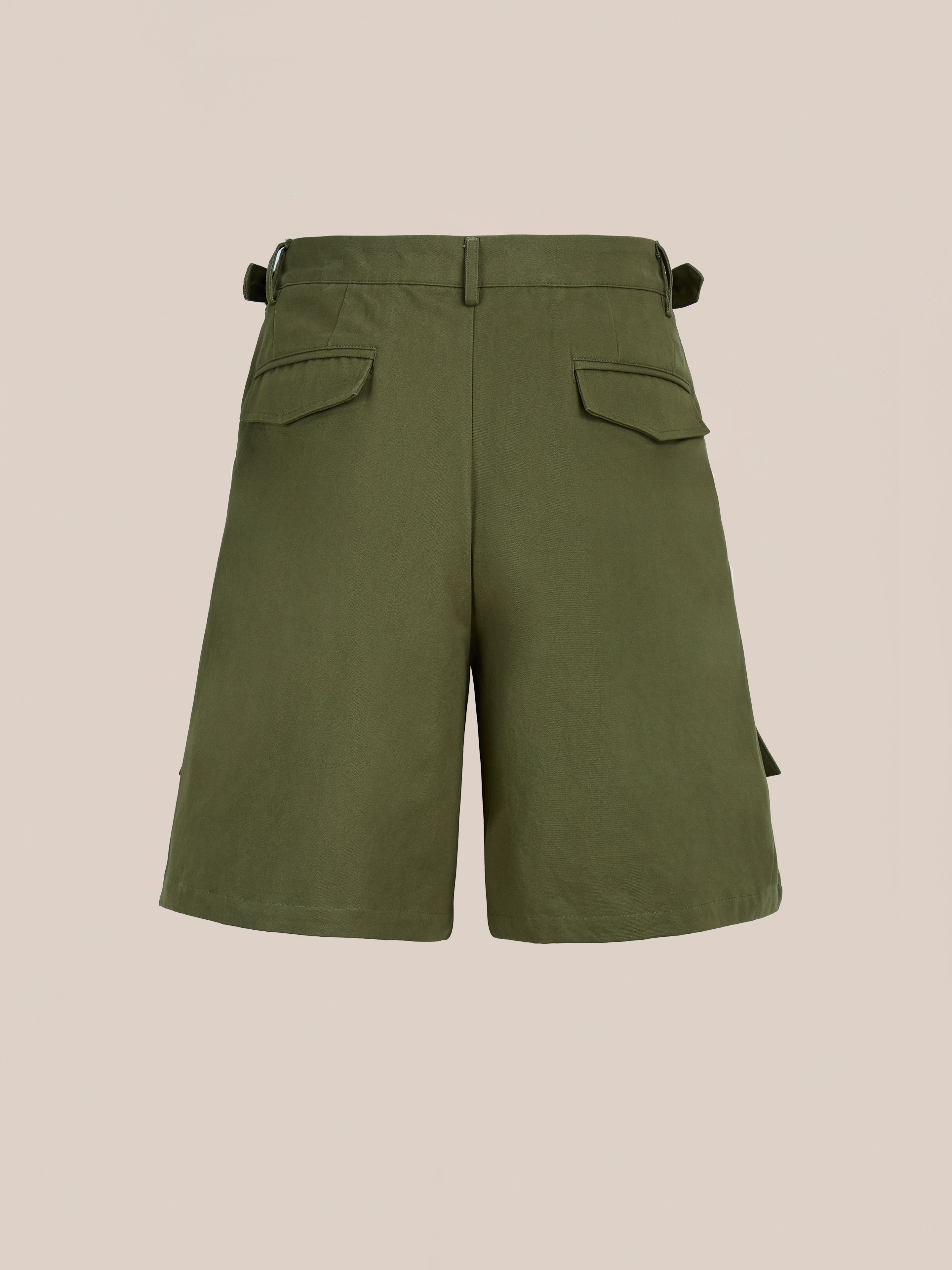 Back view of Found Multi Pocket Shorts in olive green, knee-length with two back flap pockets, adjustable side tabs, and classic cargo style, shown on a plain background.