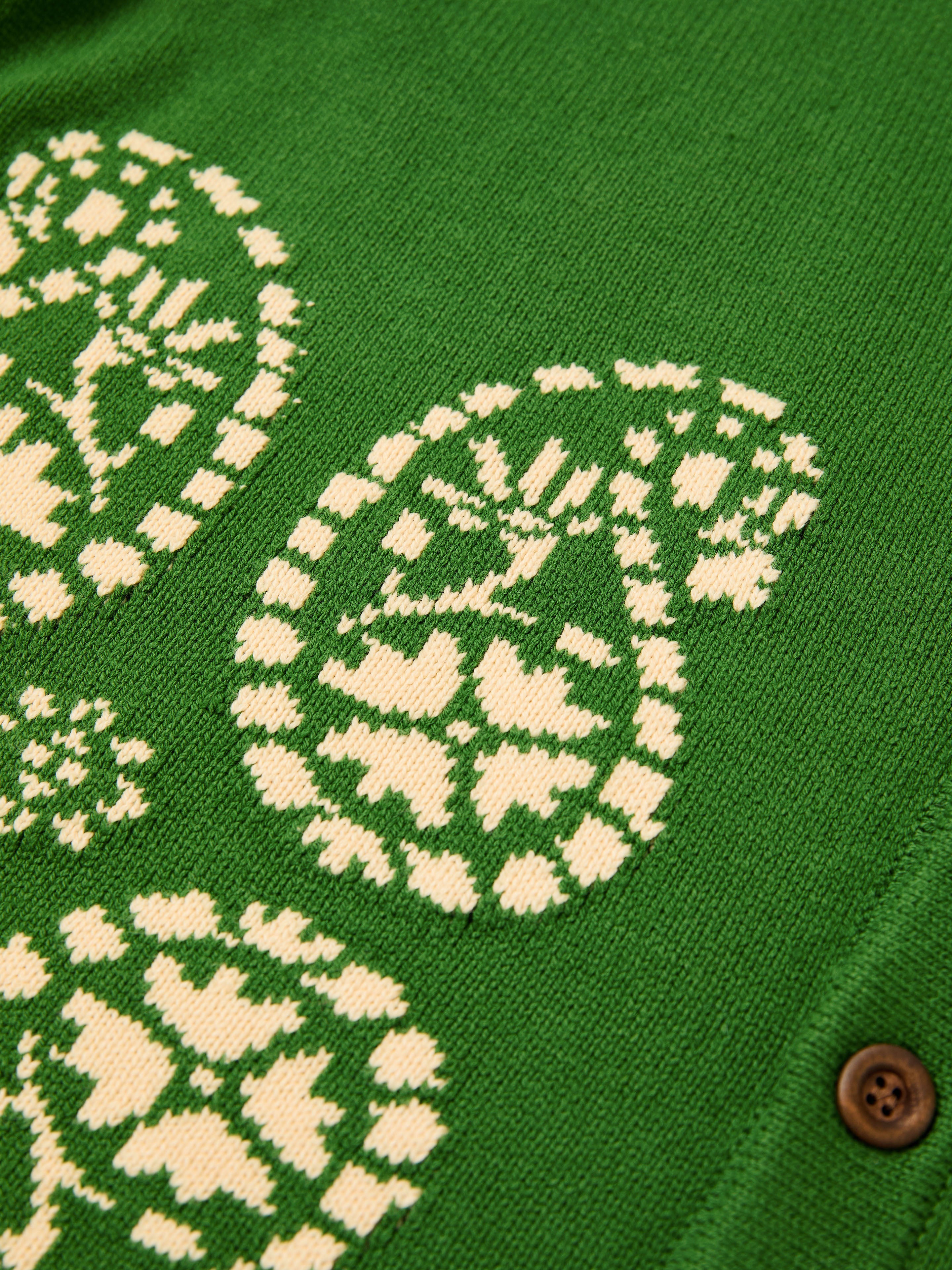 Close-up of green knitted fabric with a white South Asian-inspired paisley pattern and a brown button at the edge, highlighting details of FOUND's unisex Paisley Knit Cardigan.