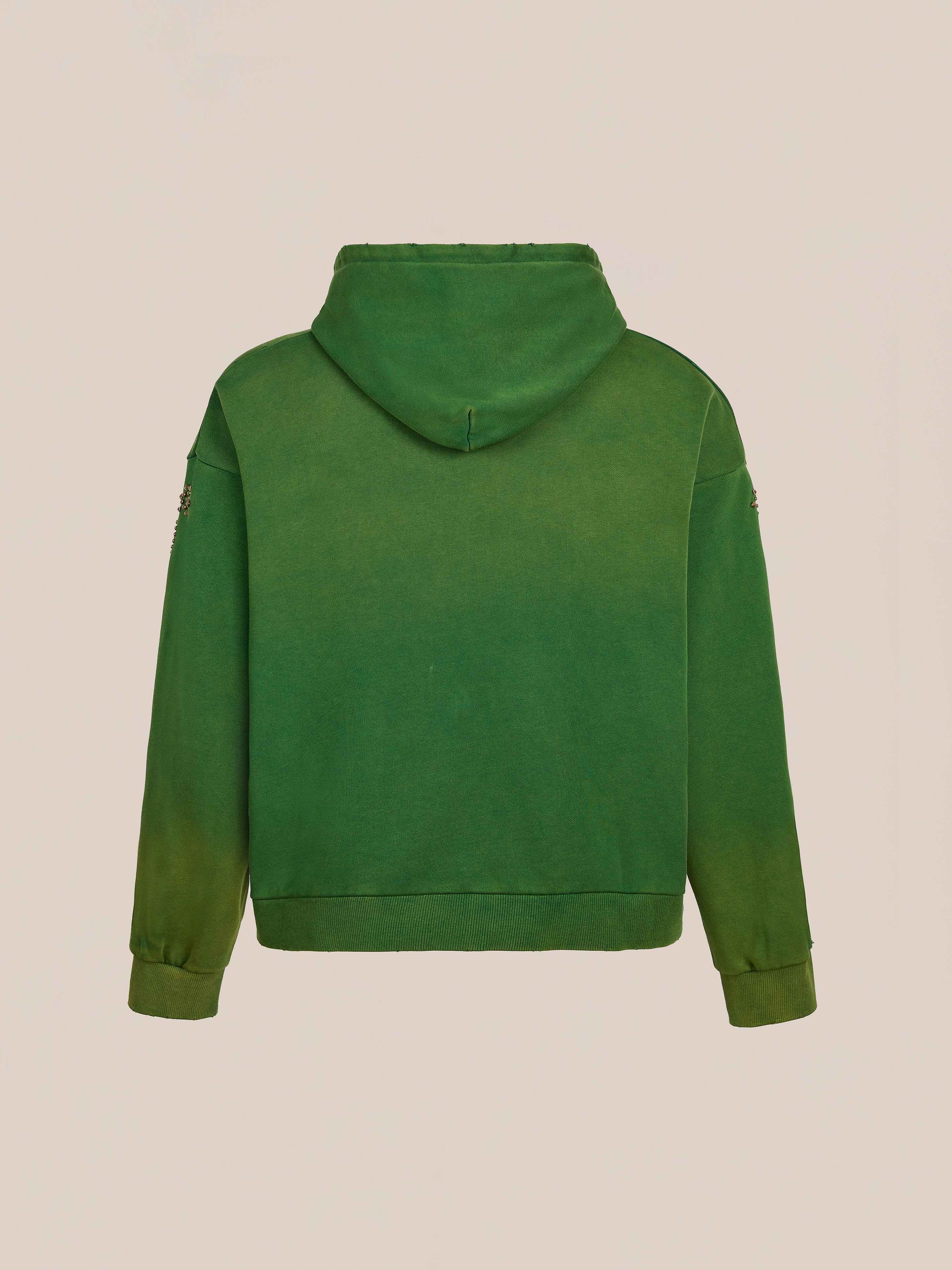 FOUND Paisley Studded Zip Up Hoodie in green, unisex relaxed fit, displayed from the back against a plain beige background.