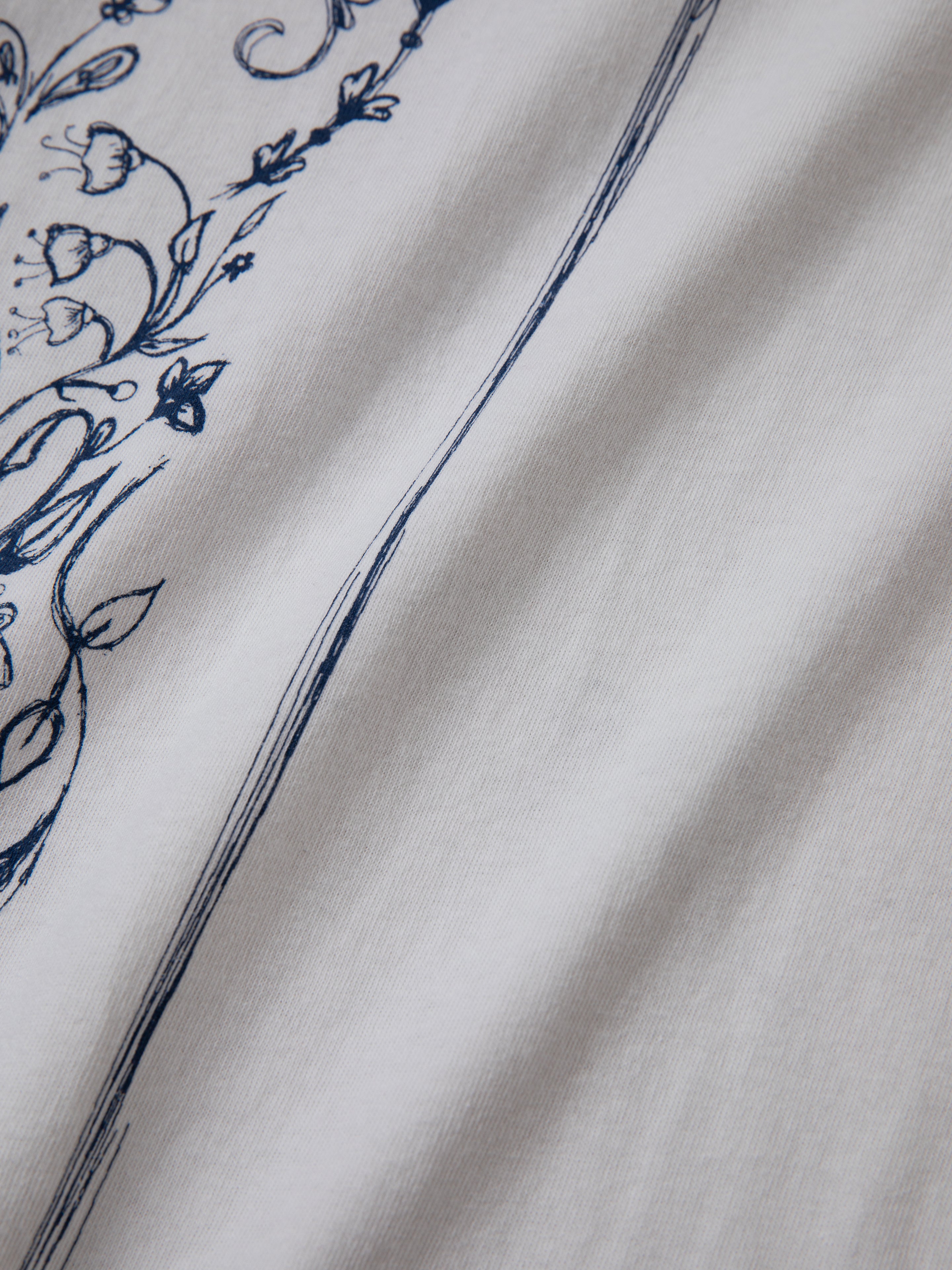 A close-up of the Pen Flower Medley fabric by FOUND, showcasing its blue floral and vine patterns on a white background.