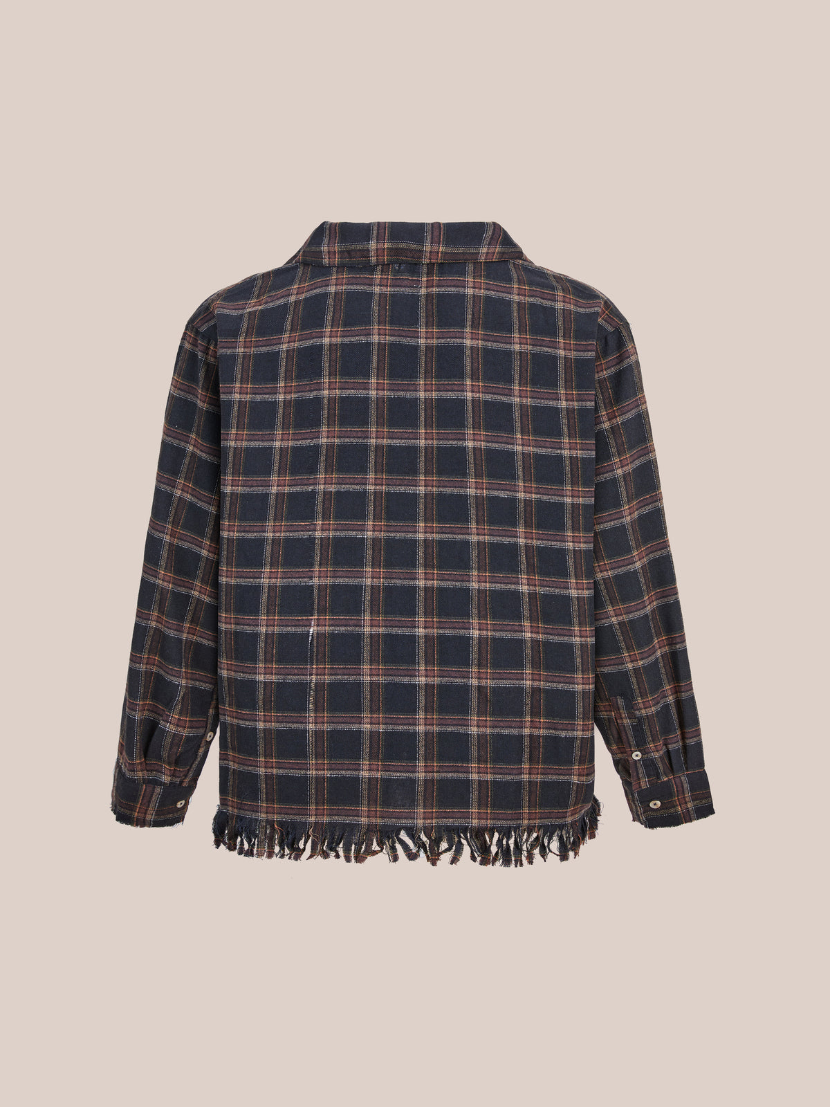 FOUND Raw Cut Fringe Plaid Camp Shirt features navy and brown checks, button cuffs, a raw cut fringe hem, and works perfectly as a unisex overshirt.