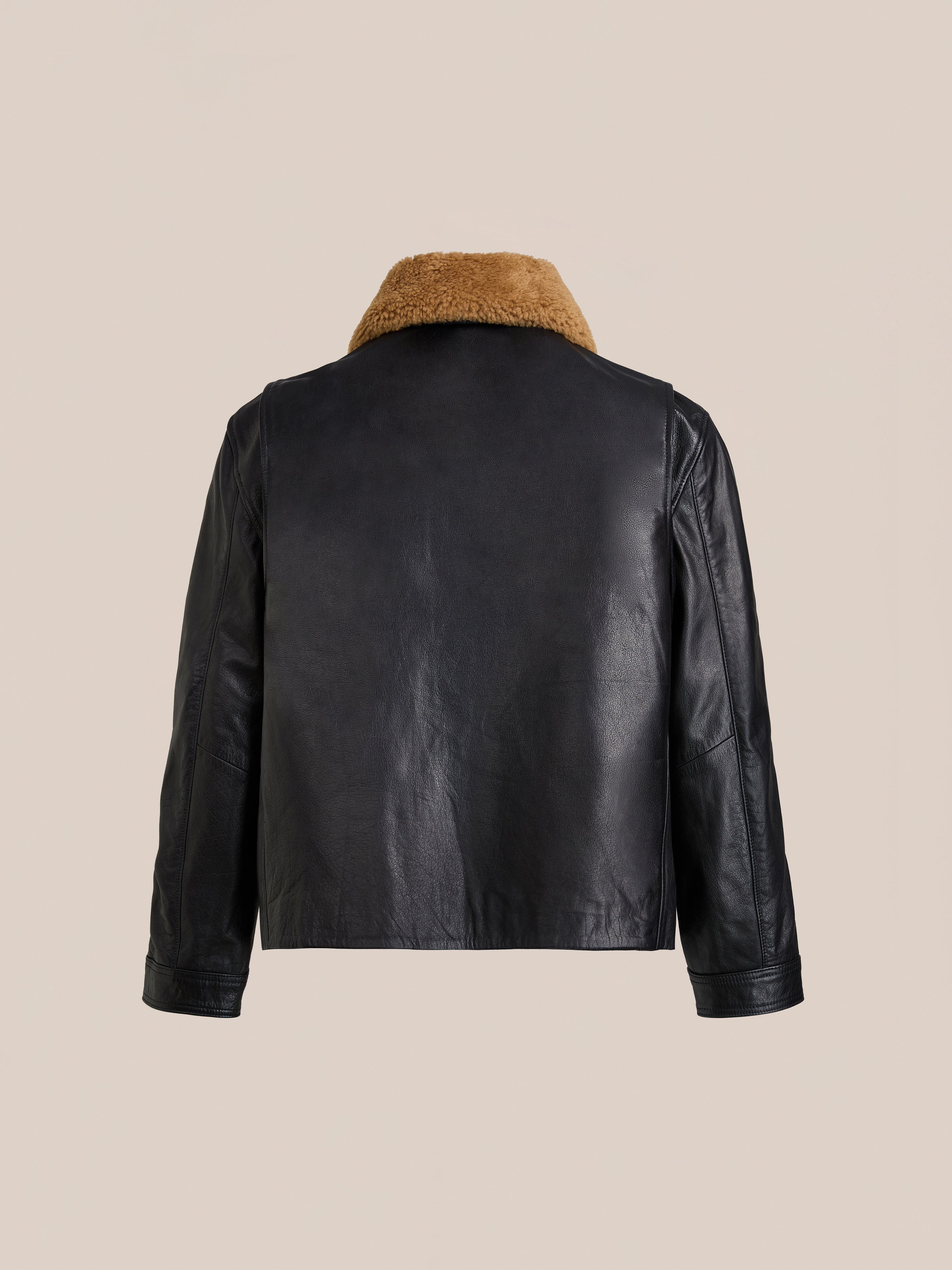 The FOUND Sherpa Collar Leather Utility Jacket is crafted from black genuine leather with a brown shearling collar, displayed from the back against a plain beige background.