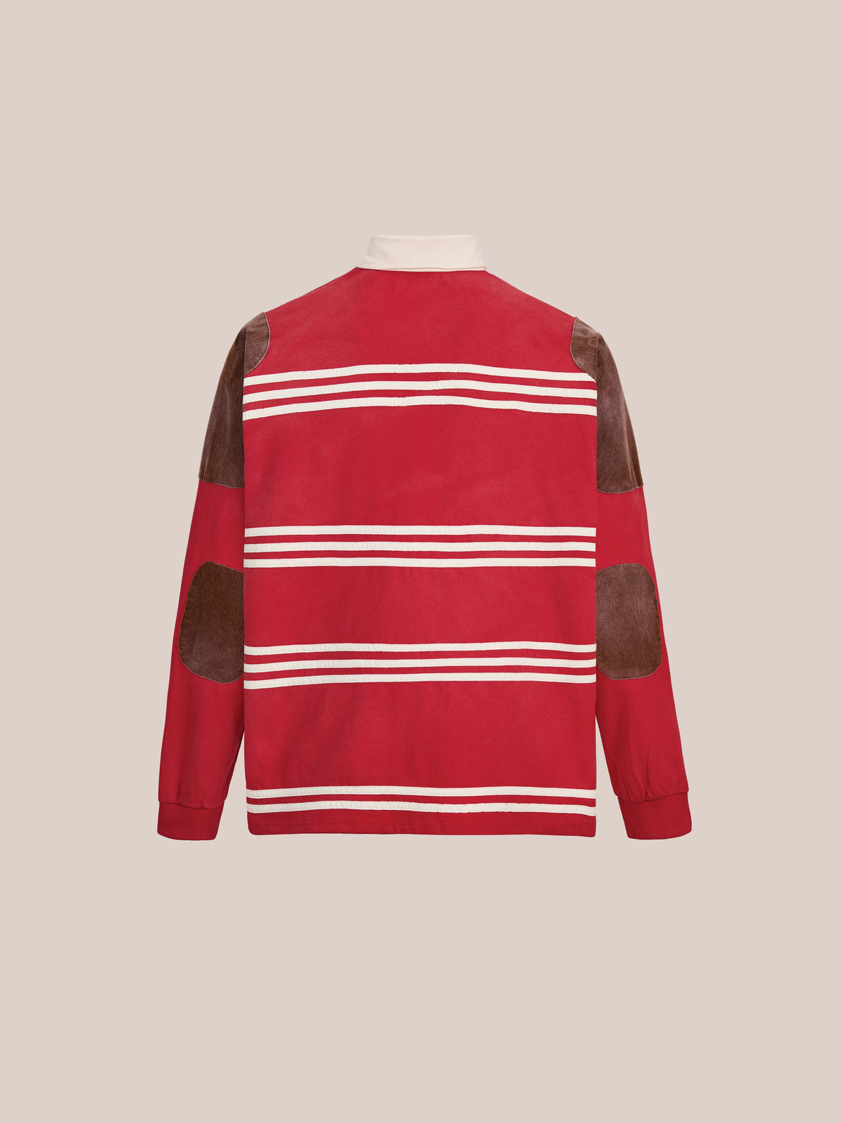 FOUND Striped Corduroy Rugby Polo in red features horizontal white stripes and brown suede patches on the elbows and shoulders, crafted from midweight cotton corduroy, shown from the back against a plain beige background.