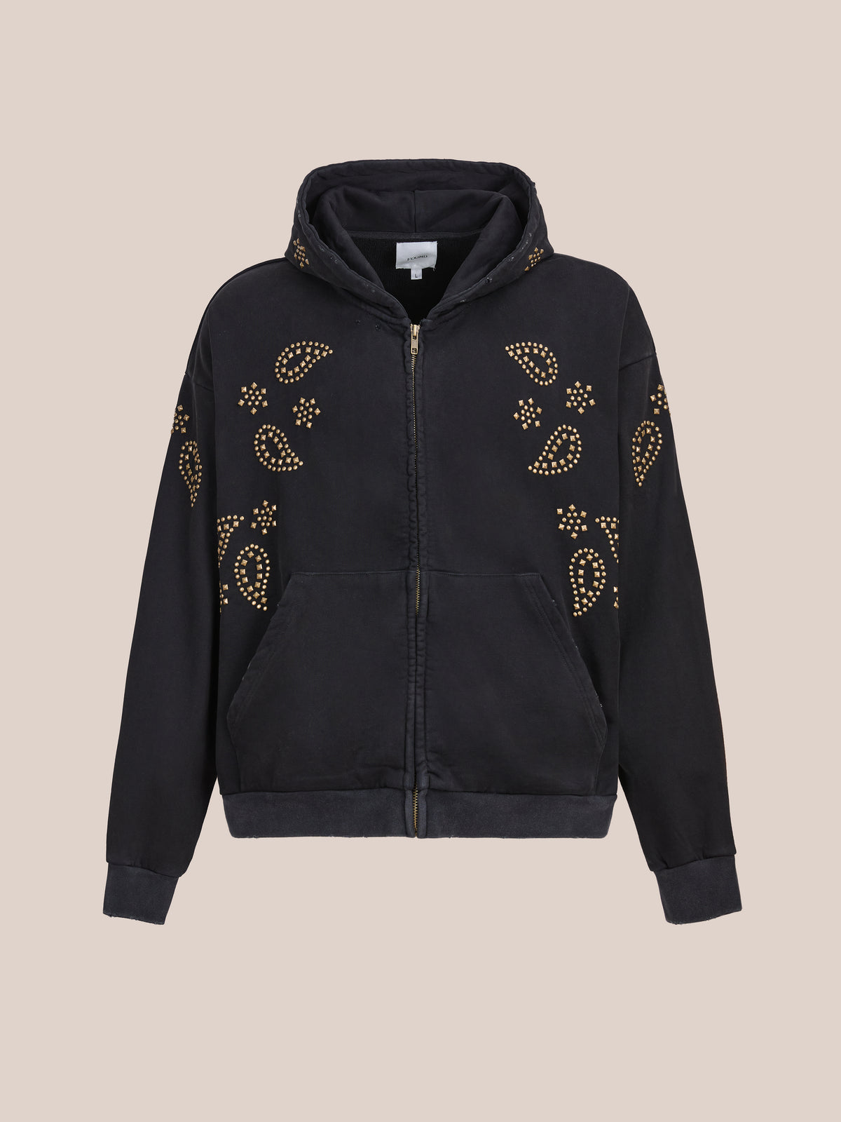 FOUND Studded Zip Up Hoodie featuring gold-toned bandana paisley patterns on the front, sleeves, and shoulders, shown against a plain beige background.