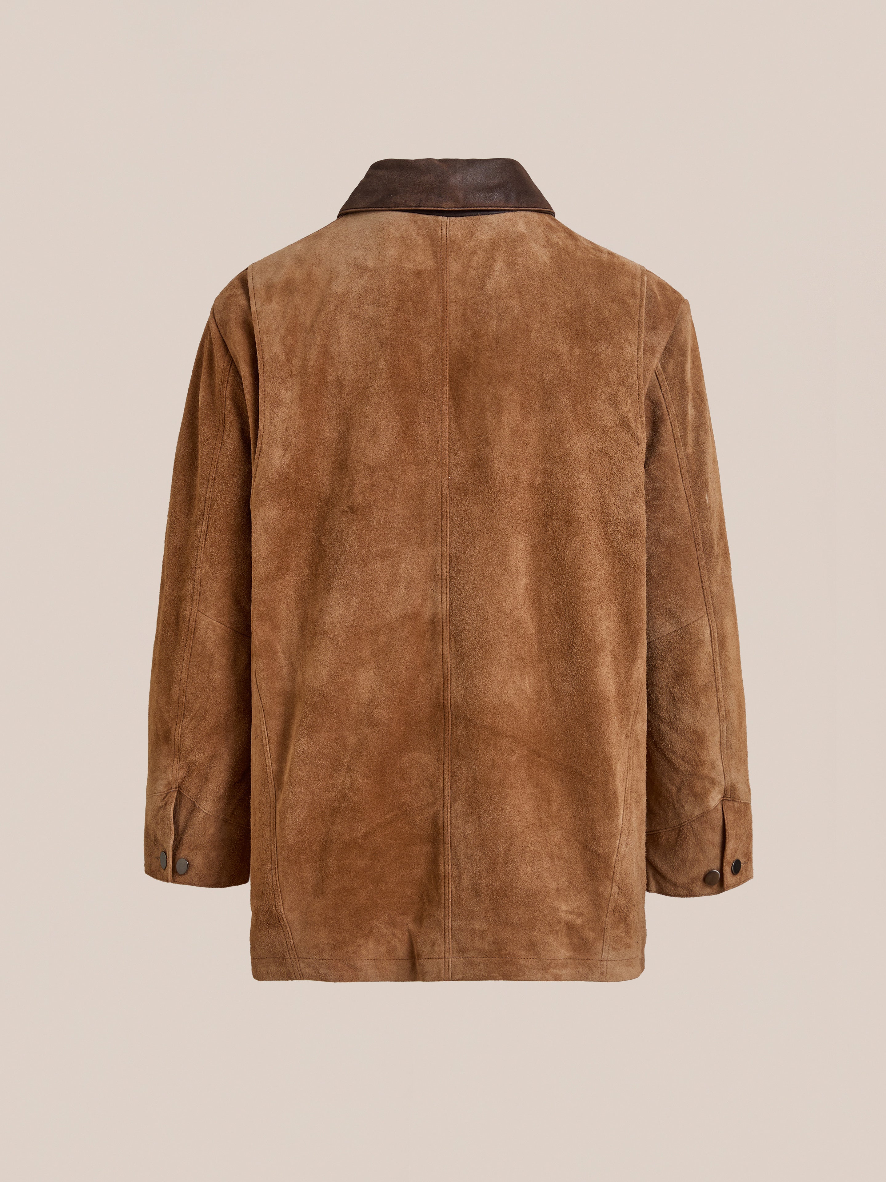 FOUND Suede Contrast Chore Jacket in brown vintage suede, featuring long sleeves, a dark brown collar, and buttoned cuffs. Shown from the back against a plain background.