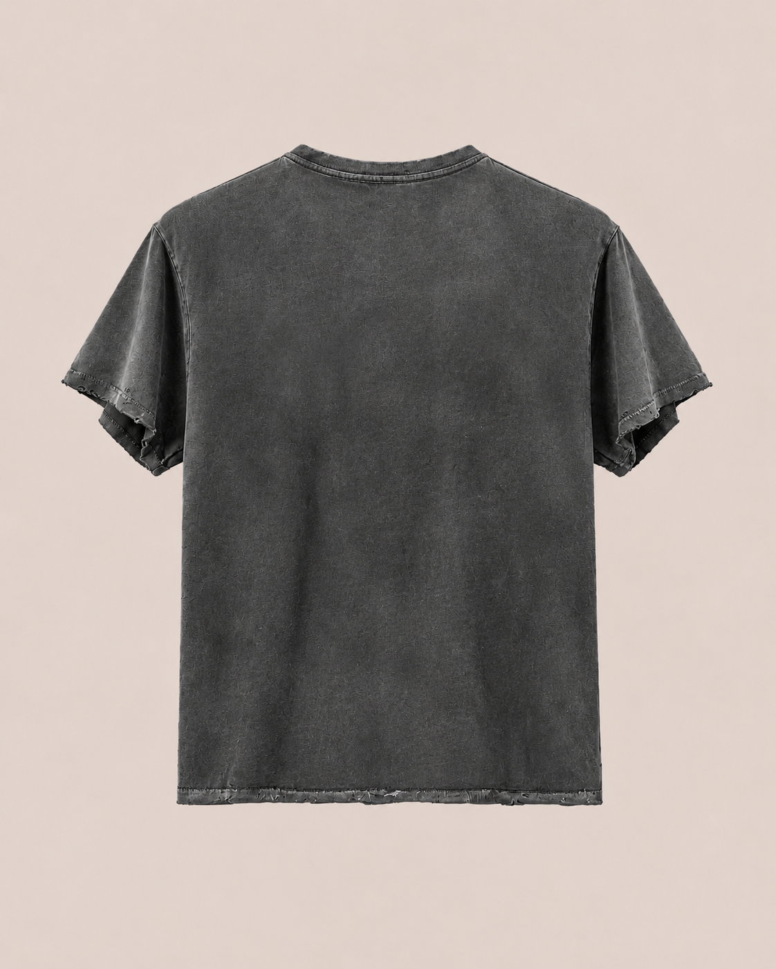 Tapestry Logo Paint Tee by FOUND in plain black, unisex relaxed fit, short sleeves; shown from the back on a light beige background with no visible logos or designs.