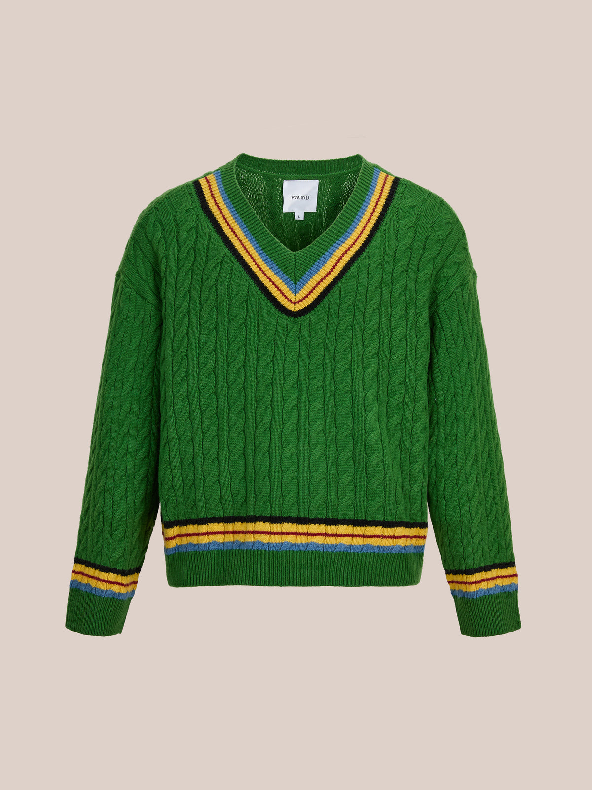 FOUND V-Neck Cricket Sweater in green with yellow, blue, and black striped collar, cuffs, and hem, shown on a plain beige background.