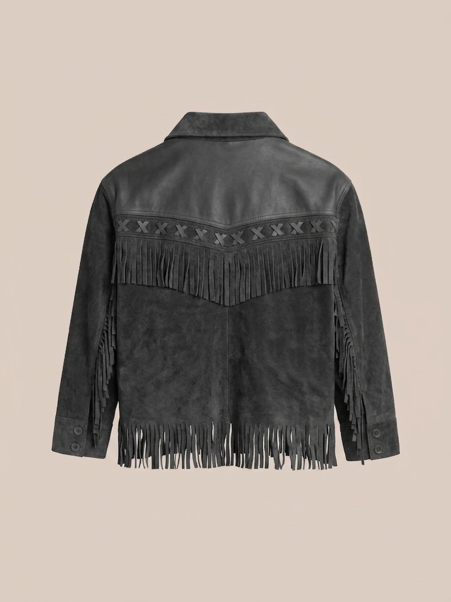 Introducing the FOUND Two-Tone Western Fringe Suede Leather Jacket—a bold unisex statement piece crafted from black suede and leather with fringe along the chest, arms, and hem. Featuring a distinctive patterned band across the upper back, this jacket seamlessly blends classic western style with modern flair for an unforgettable look.