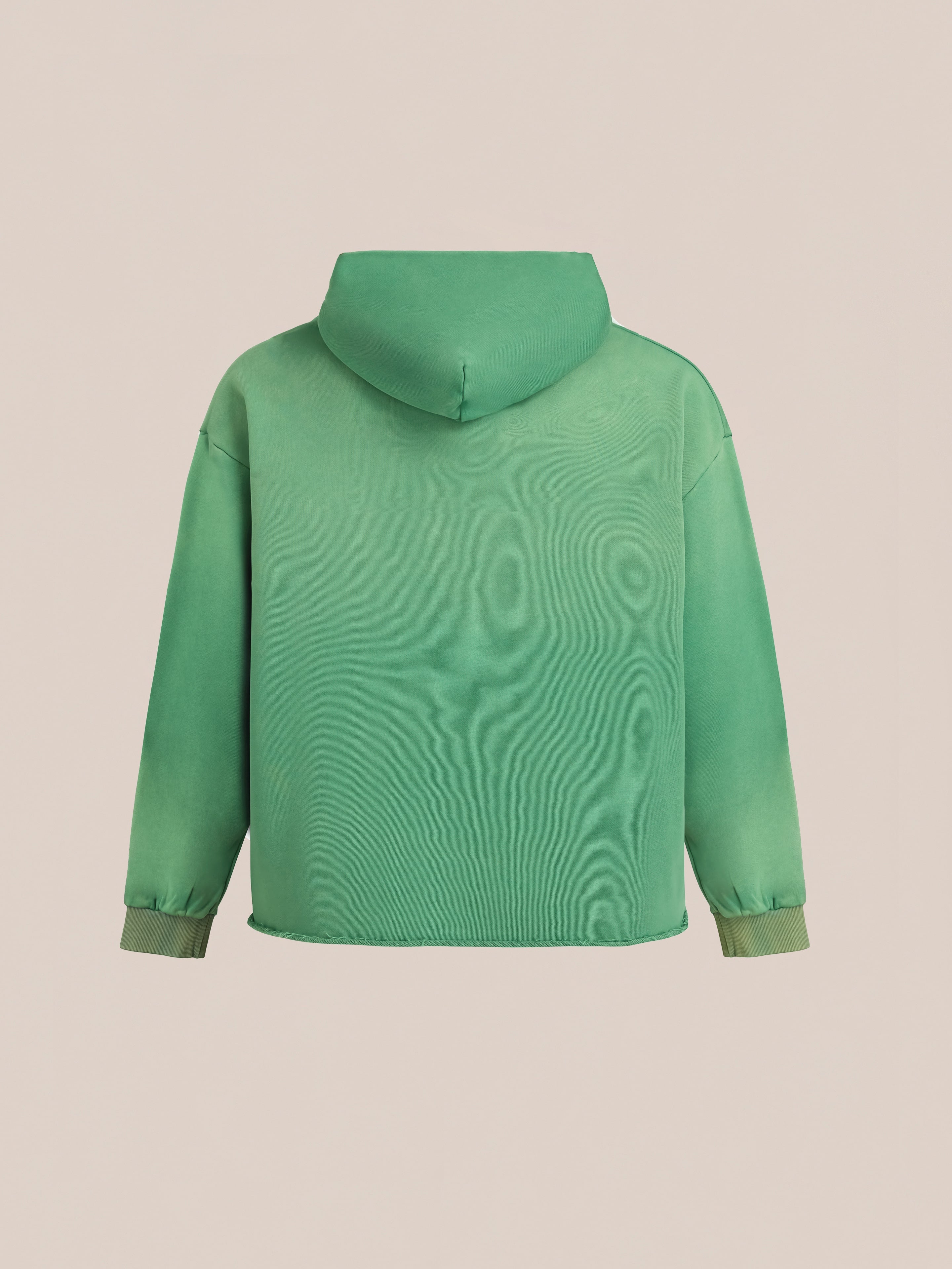 The FOUND Embroidered Wildlife Hoodie, shown from the back against a plain background, features green French-terry cotton, long sleeves, ribbed cuffs, and a unisex relaxed fit.