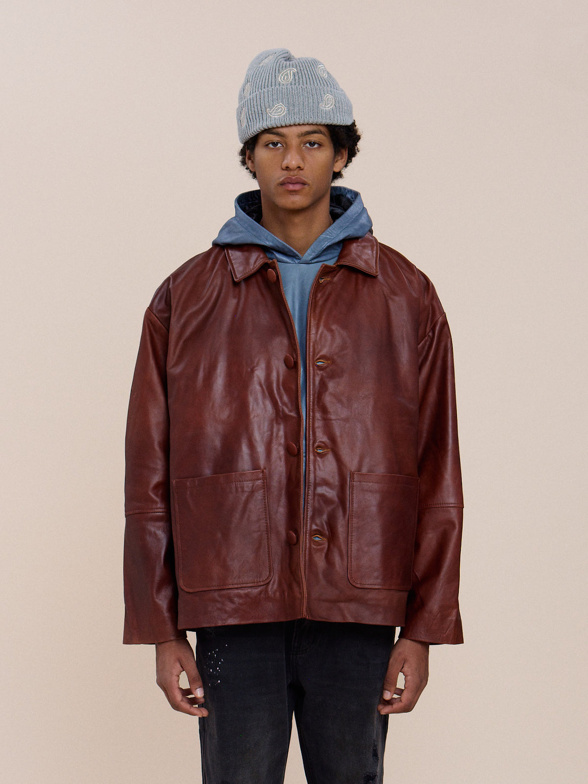 Double Layer Leather Hooded Jacket