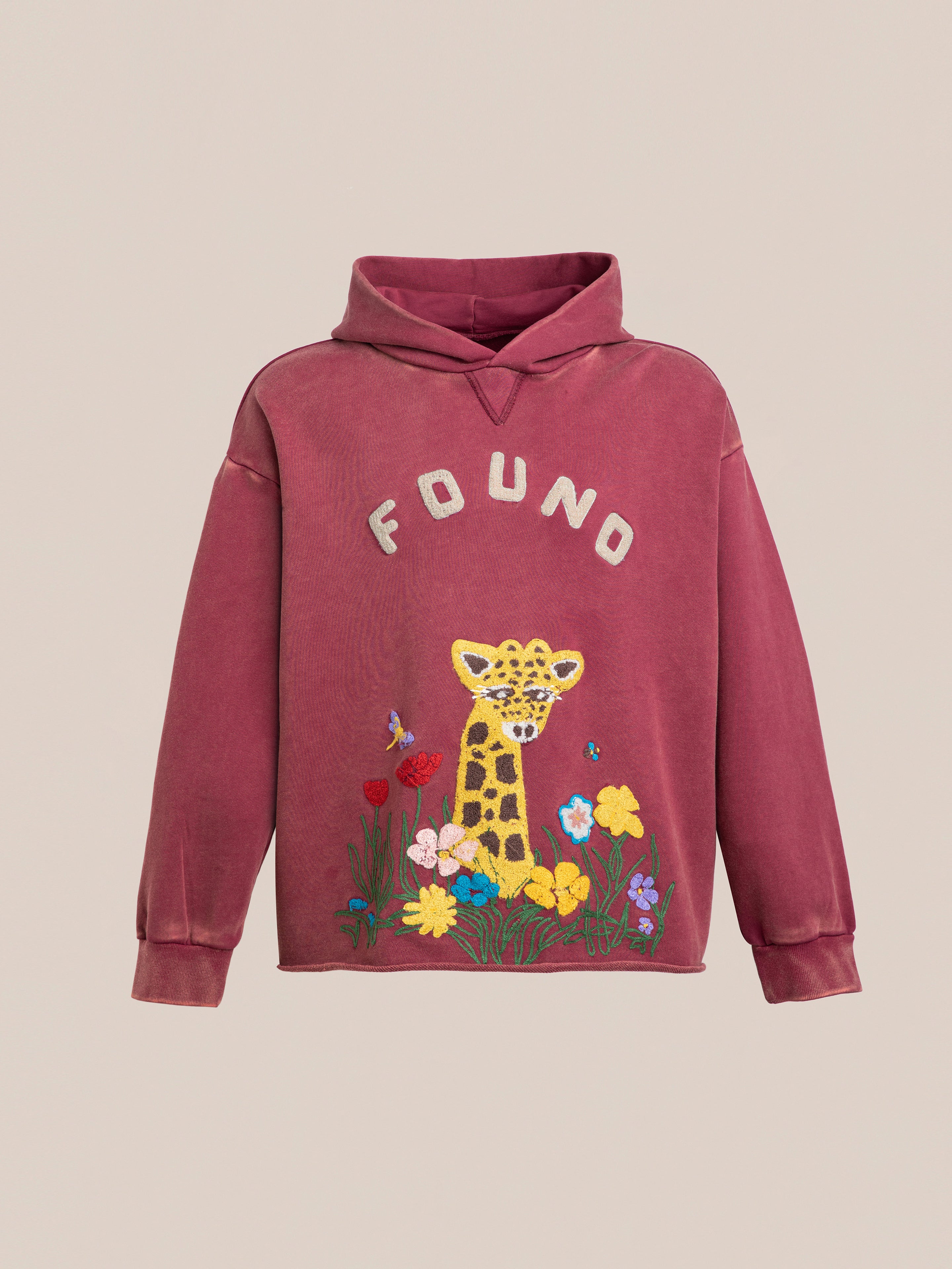The FOUND Embroidered Wildlife Hoodie in maroon French terry cotton features a giraffe graphic with embroidered flowers and butterflies—a standout addition to any collection.