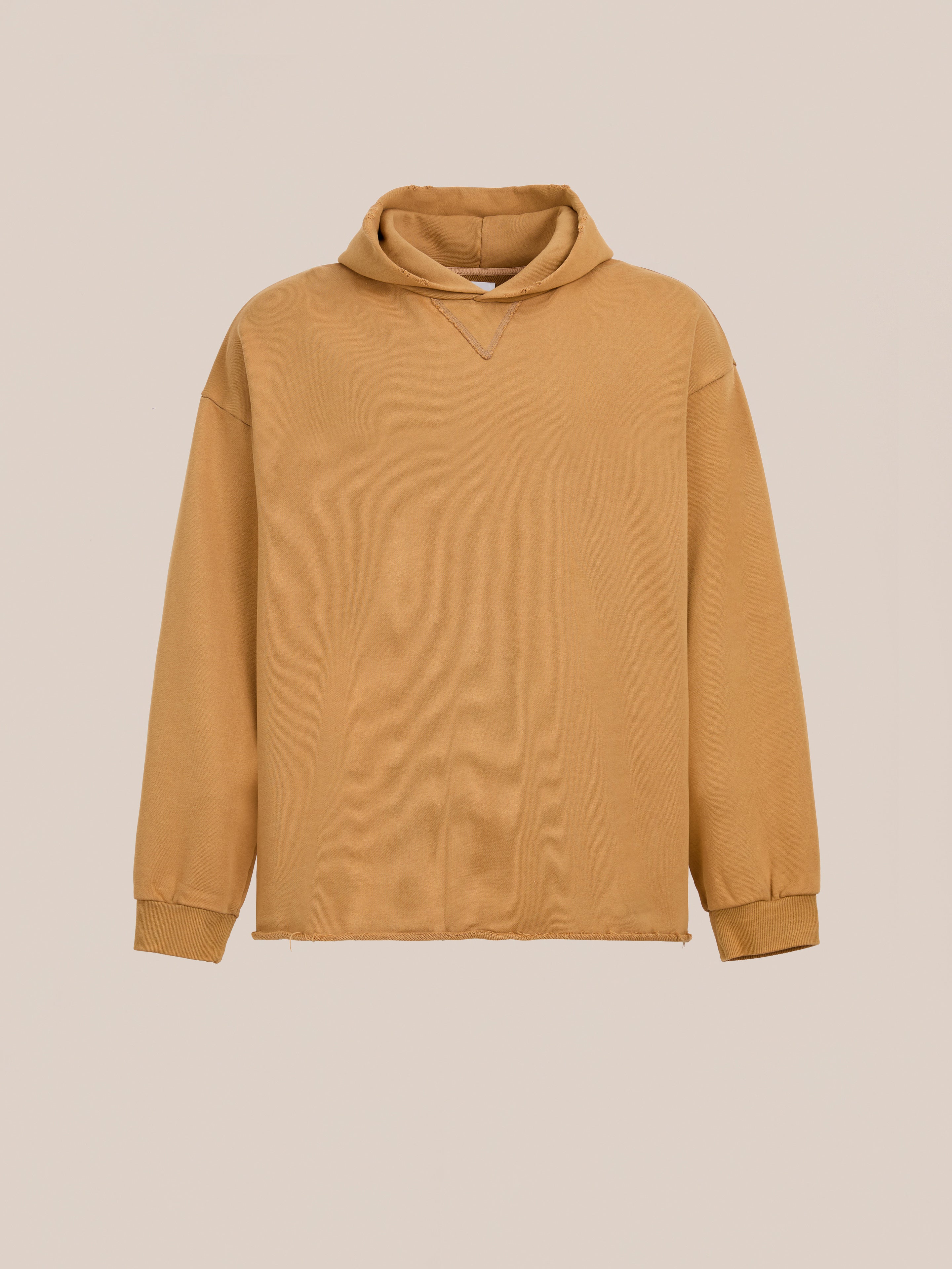 The FOUND Beadwork Logo Hoodie is a tan, long-sleeve vintage French terry cotton hoodie with ribbed cuffs and a relaxed fit, shown on a plain light background.