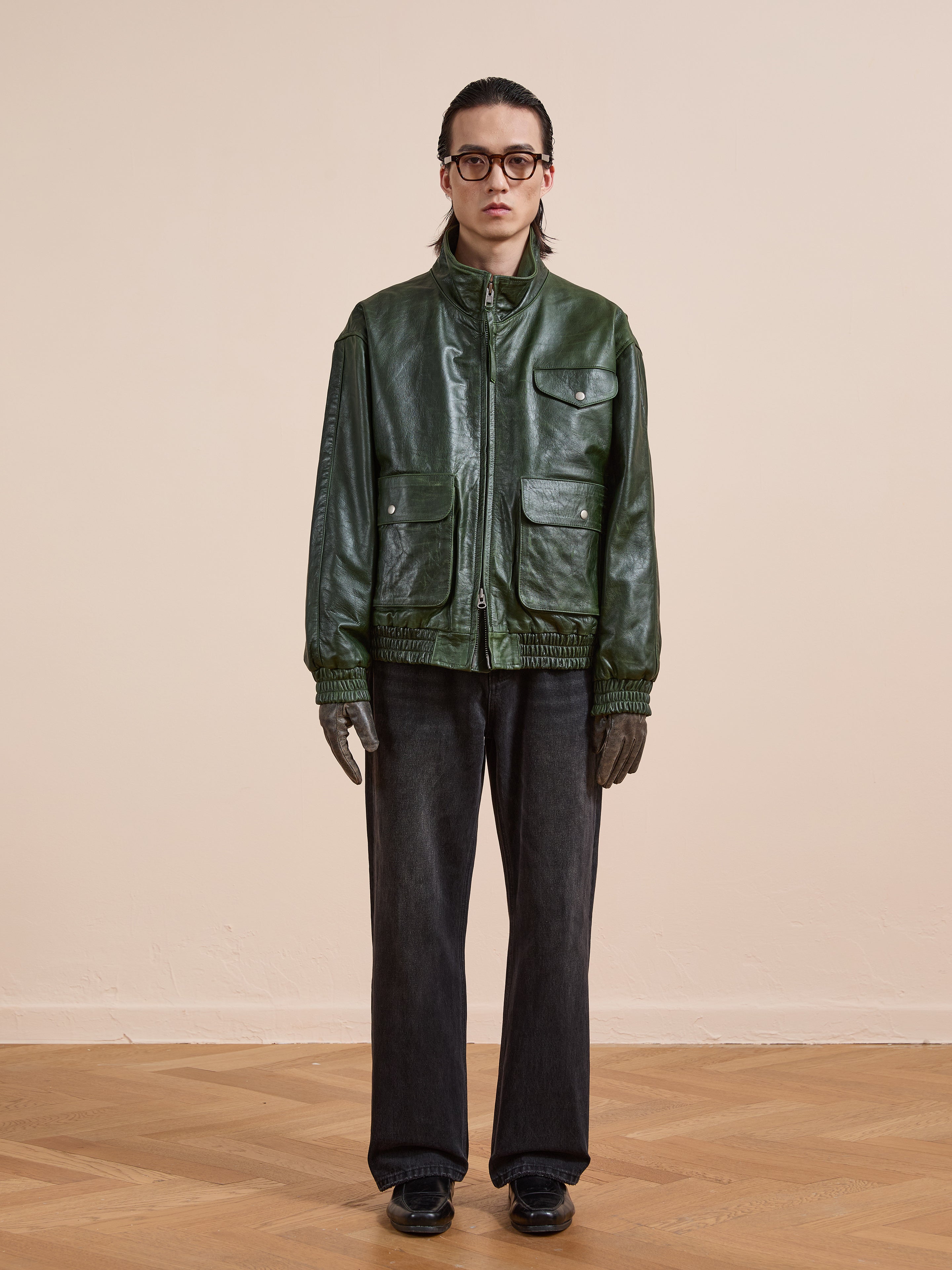 ジャケット・アウター FOUND LEATHER BOMBER JACKET Forest Leather Bomber Jacket