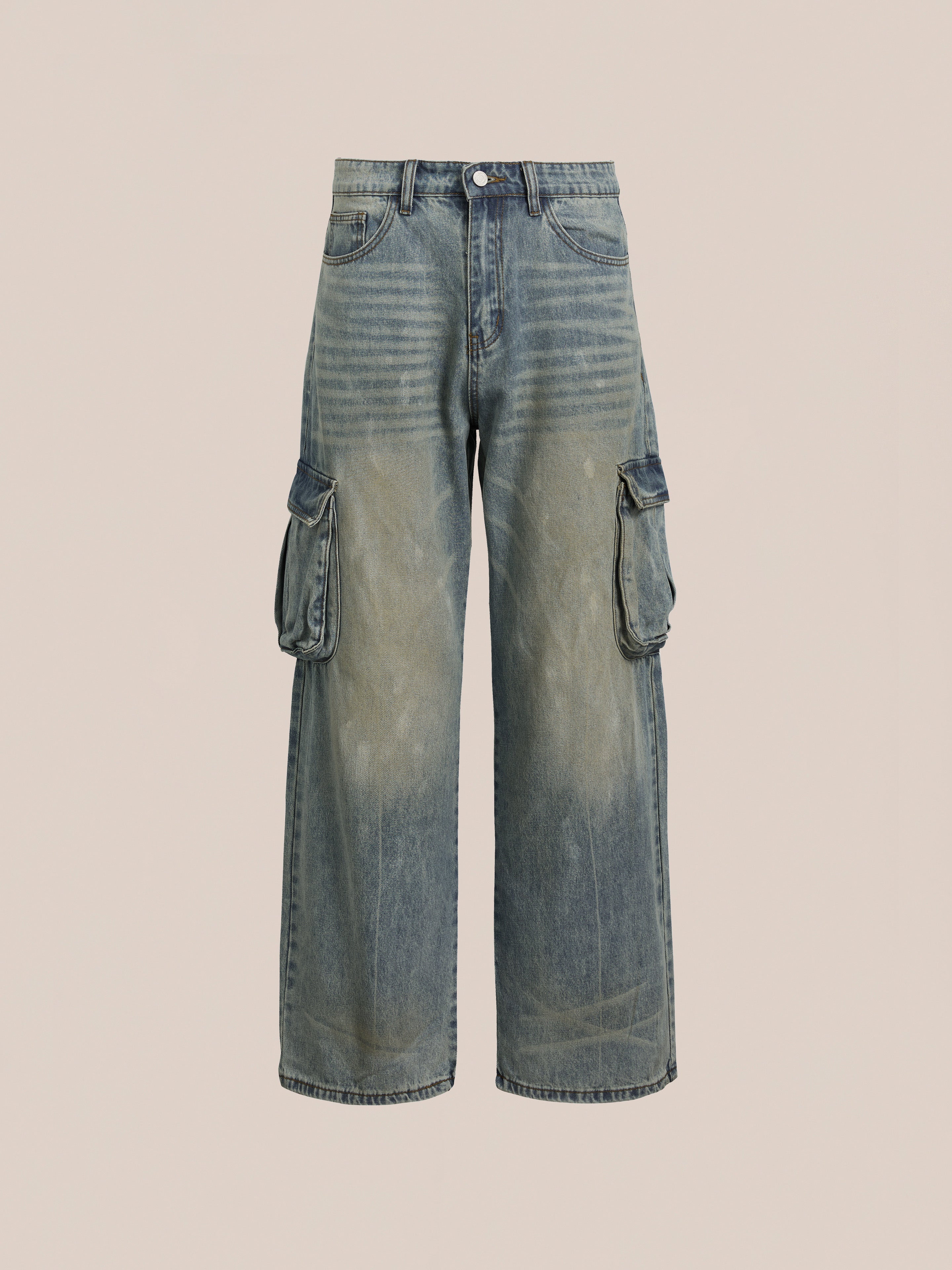 FOUND's Cargo Jeans offer blue denim with a relaxed fit, faded detailing, and multiple pockets for durable workwear.