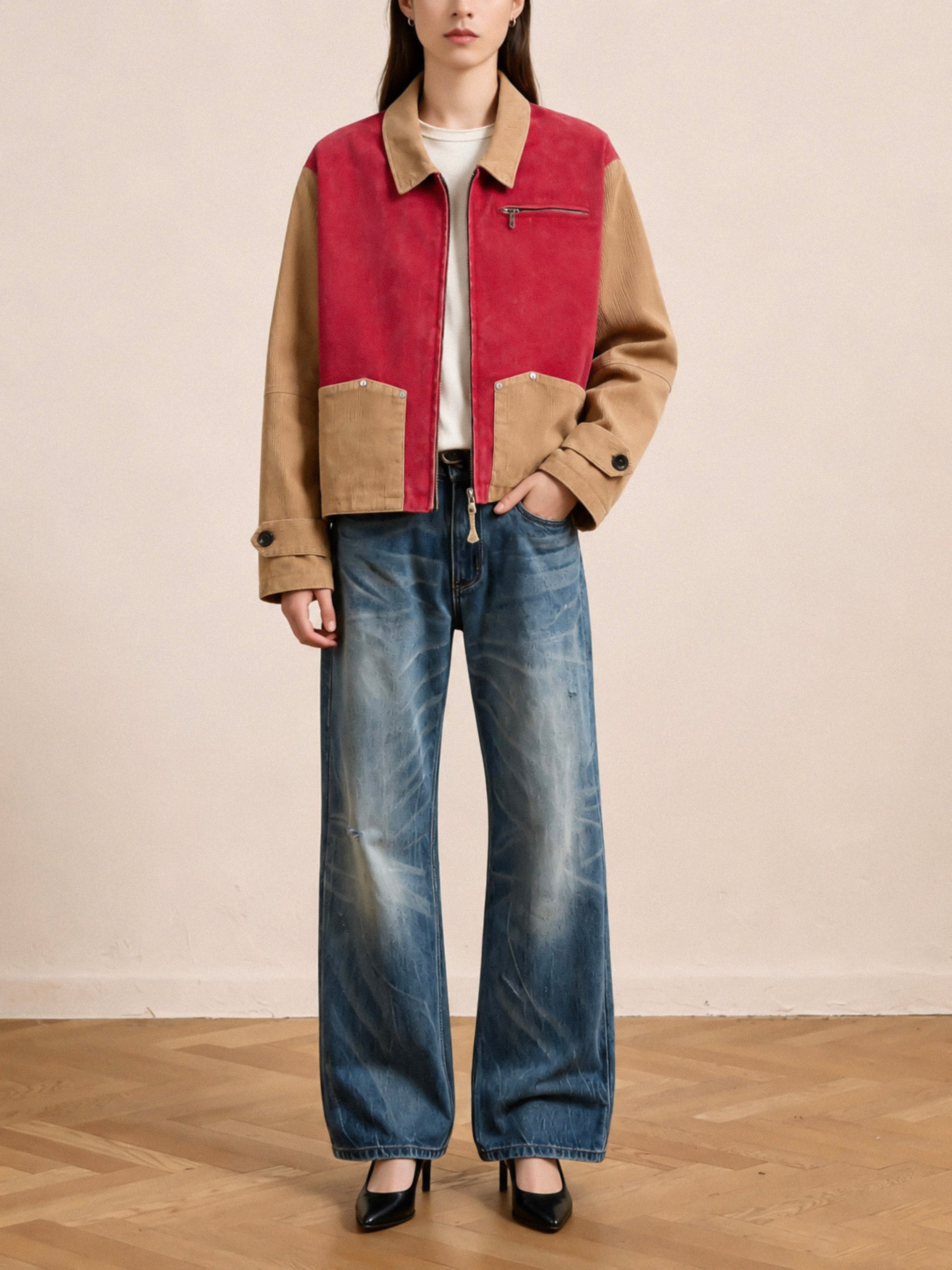 A person wearing the Found Corduroy Field Jacket in tan and red, styled with a white shirt, wide-leg blue jeans, and black heels, stands on a wooden floor against a plain light-colored wall.