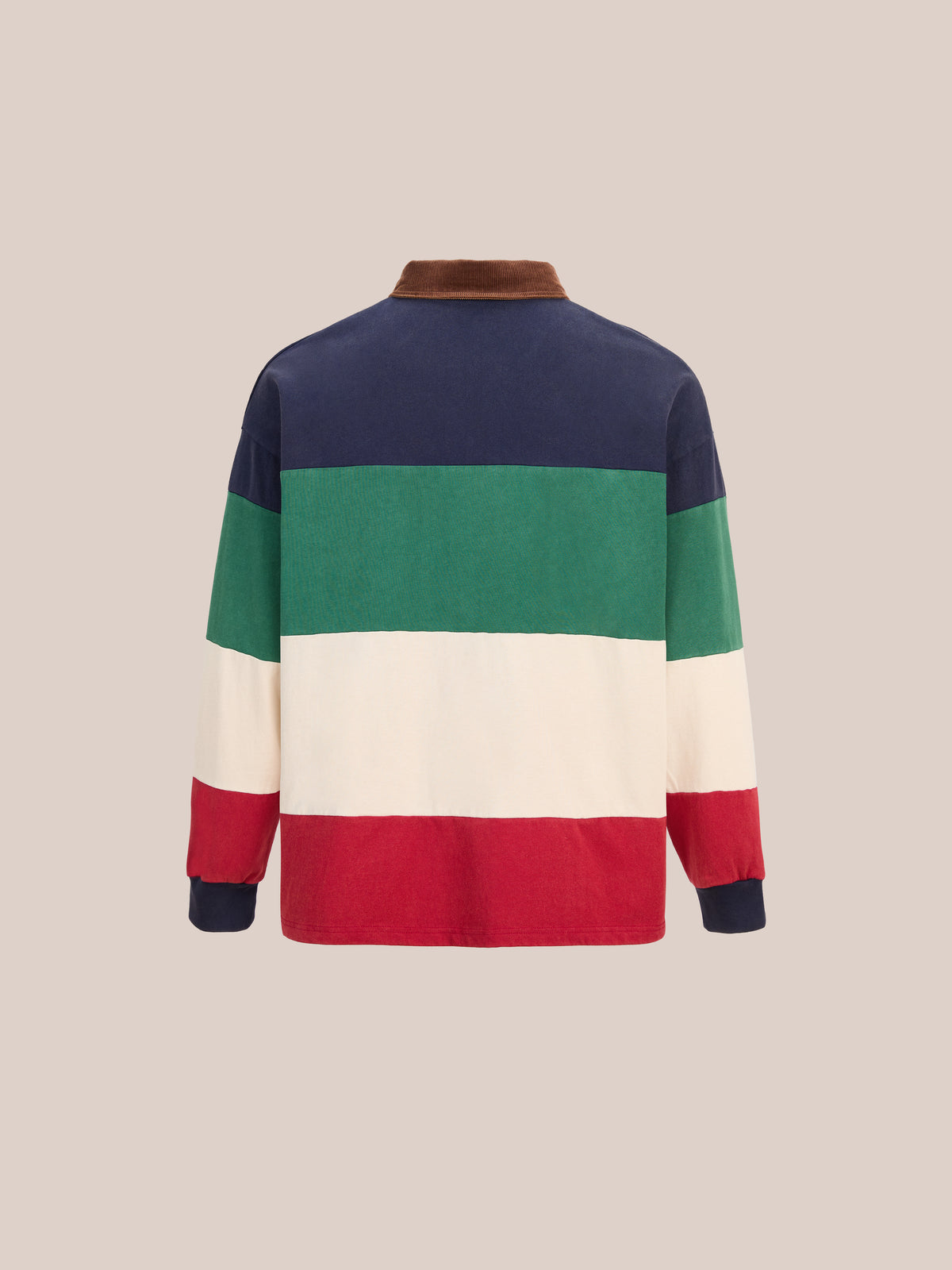 The Crestfield Rugby by FOUND is a long-sleeve unisex shirt featuring wide horizontal stripes in navy, green, white, and red, displayed from the back against a plain beige background.
