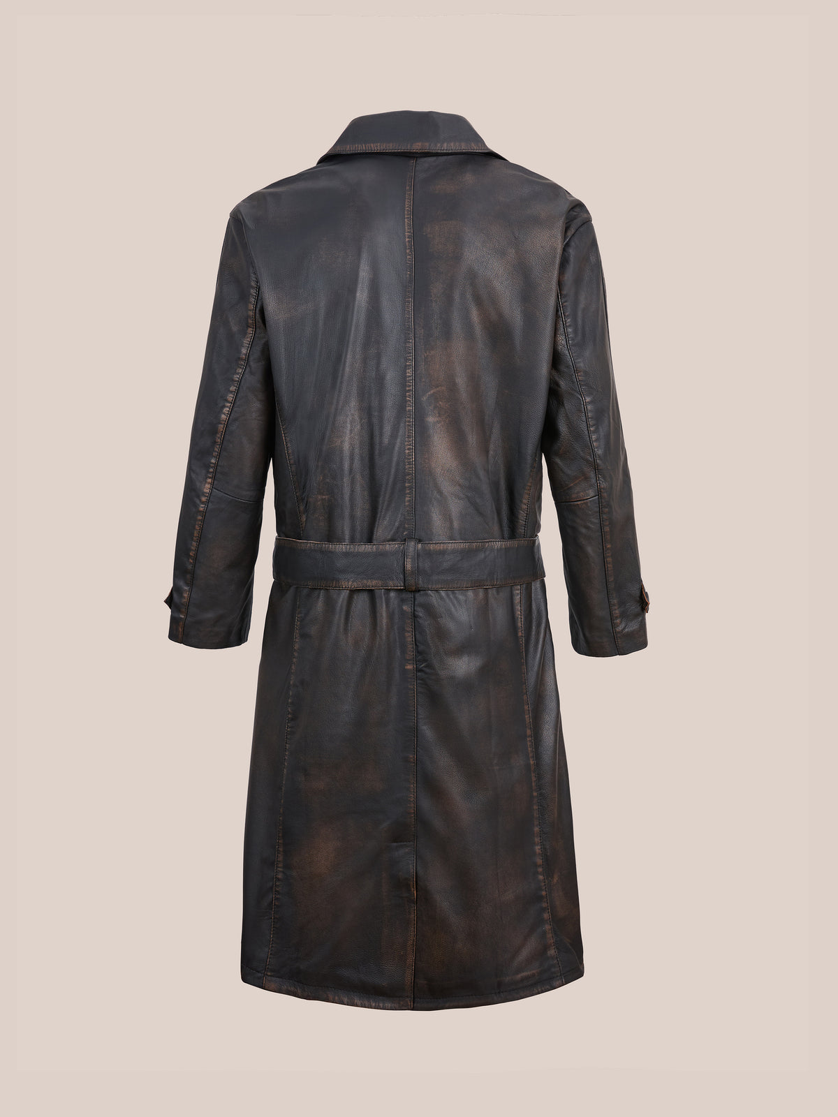 The FOUND Belted Leather Trench Coat, shown from the back, features dark brown ethical leather, a back belt, and buttoned sleeve cuffs on a light background.