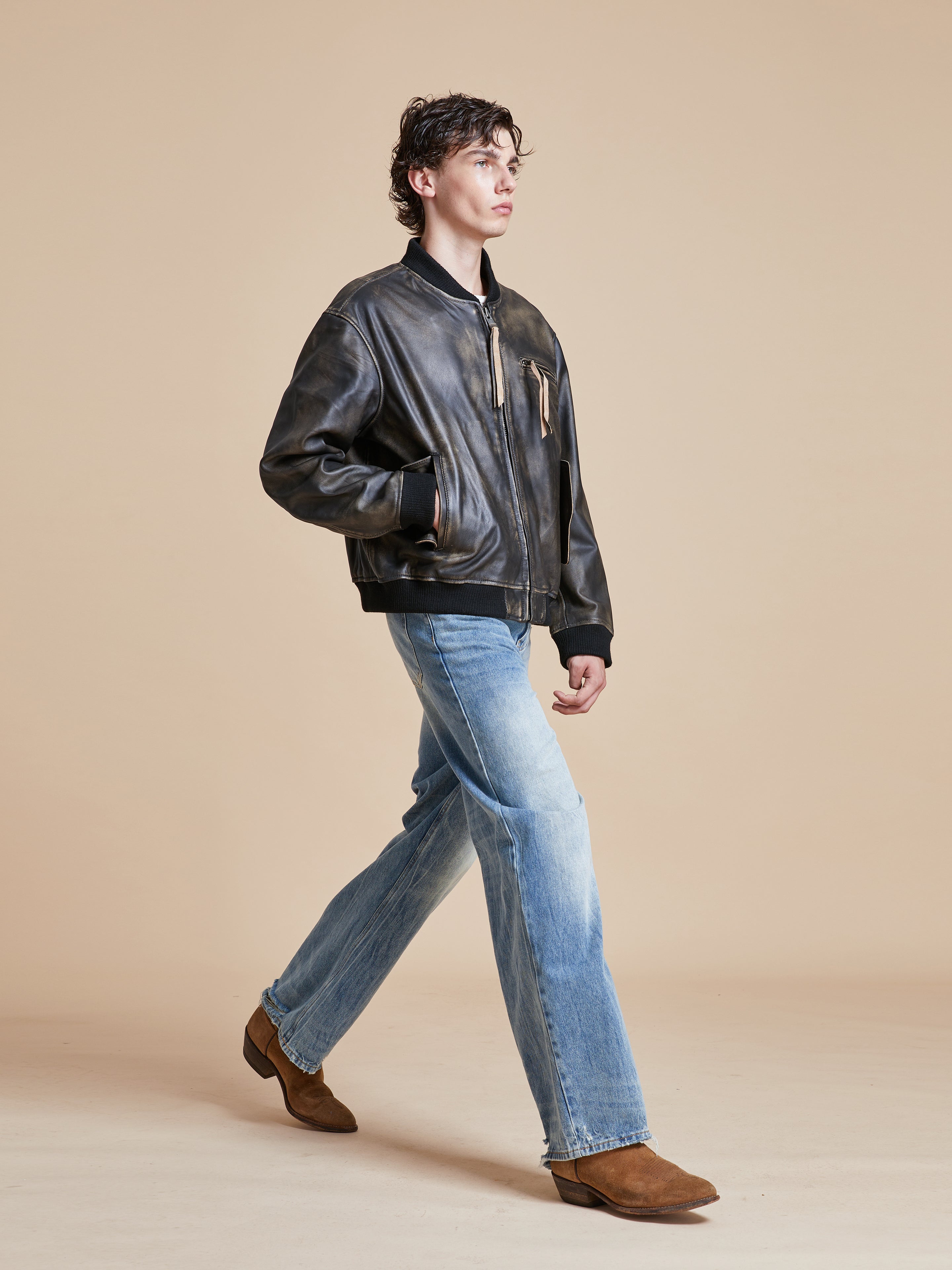 Distressed Leather Bomber Jacket