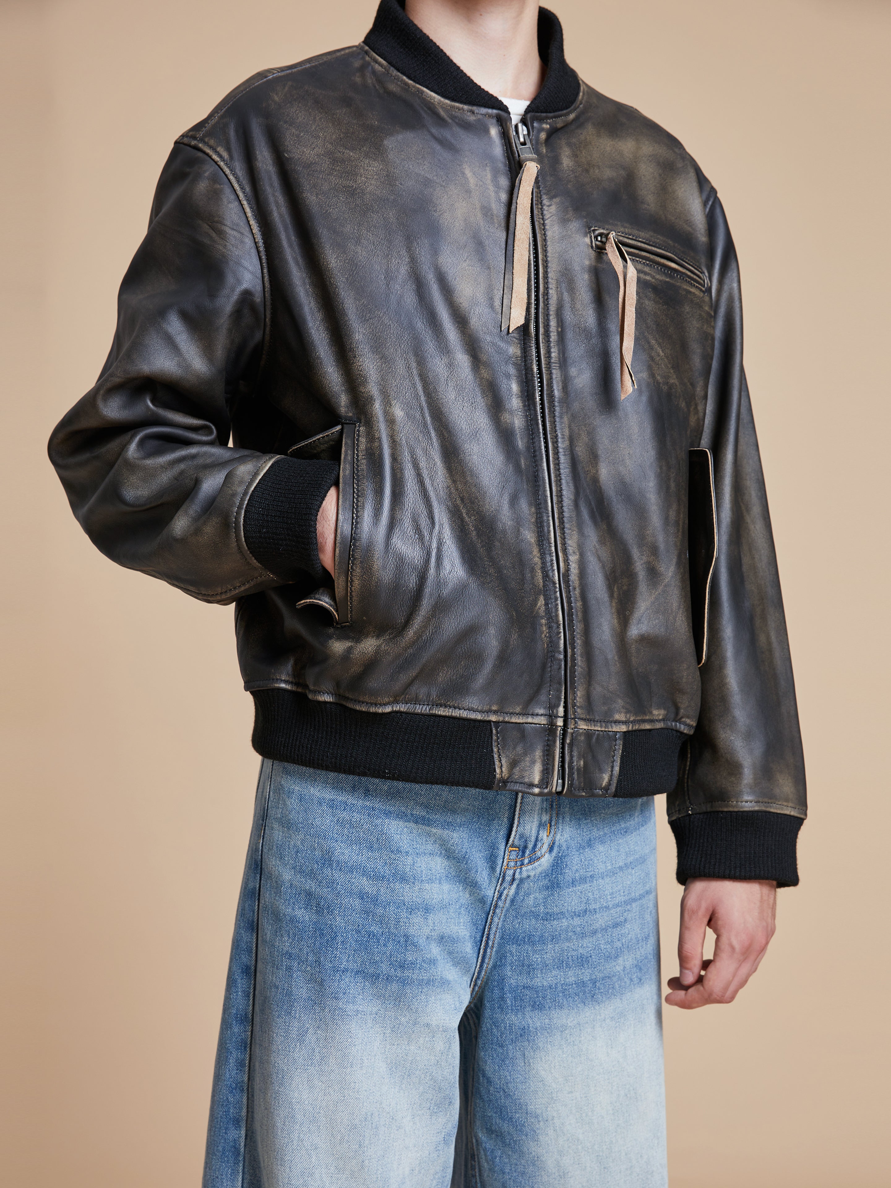 Distressed Leather Bomber Jacket