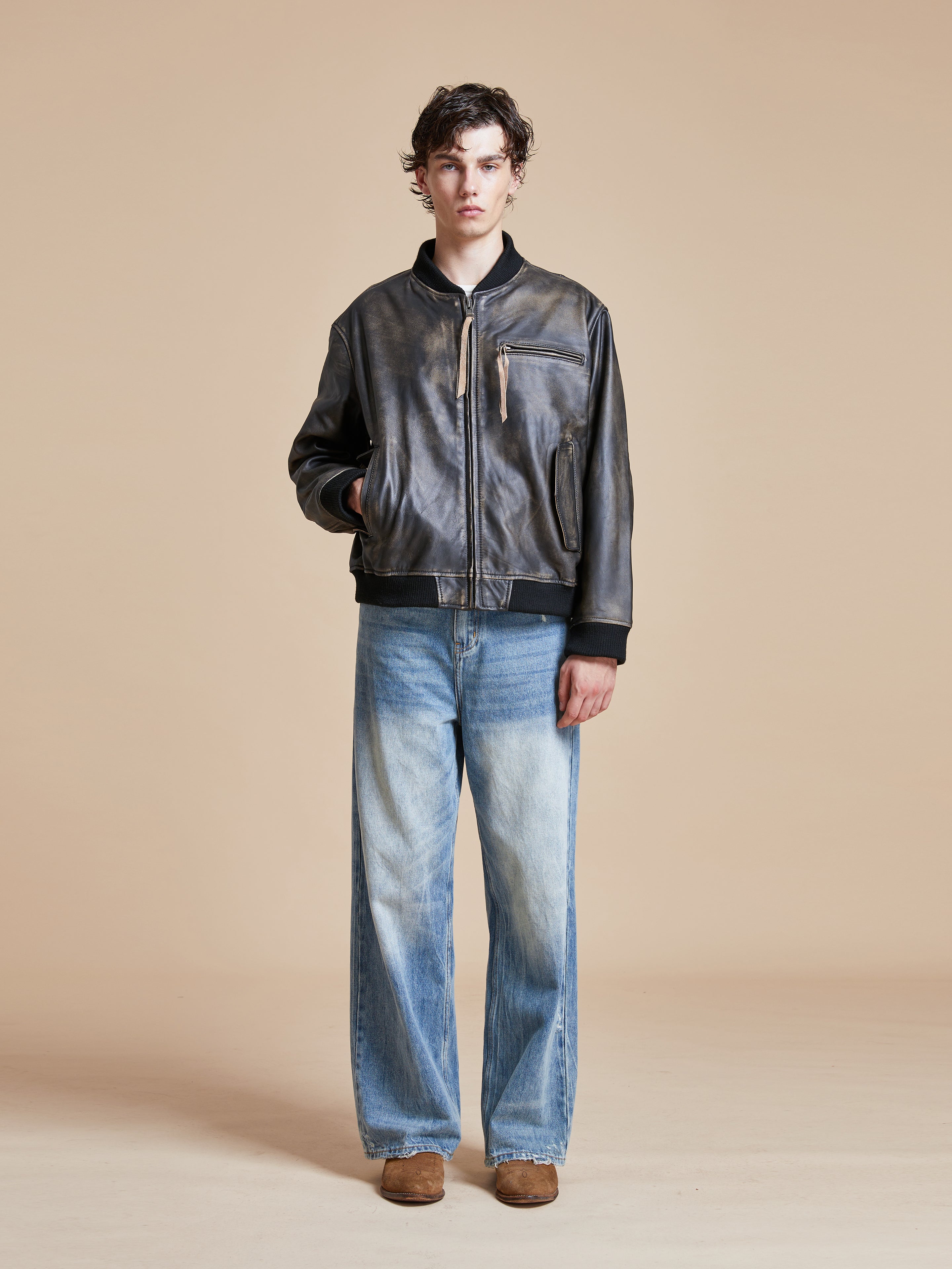 Distressed Leather Bomber Jacket