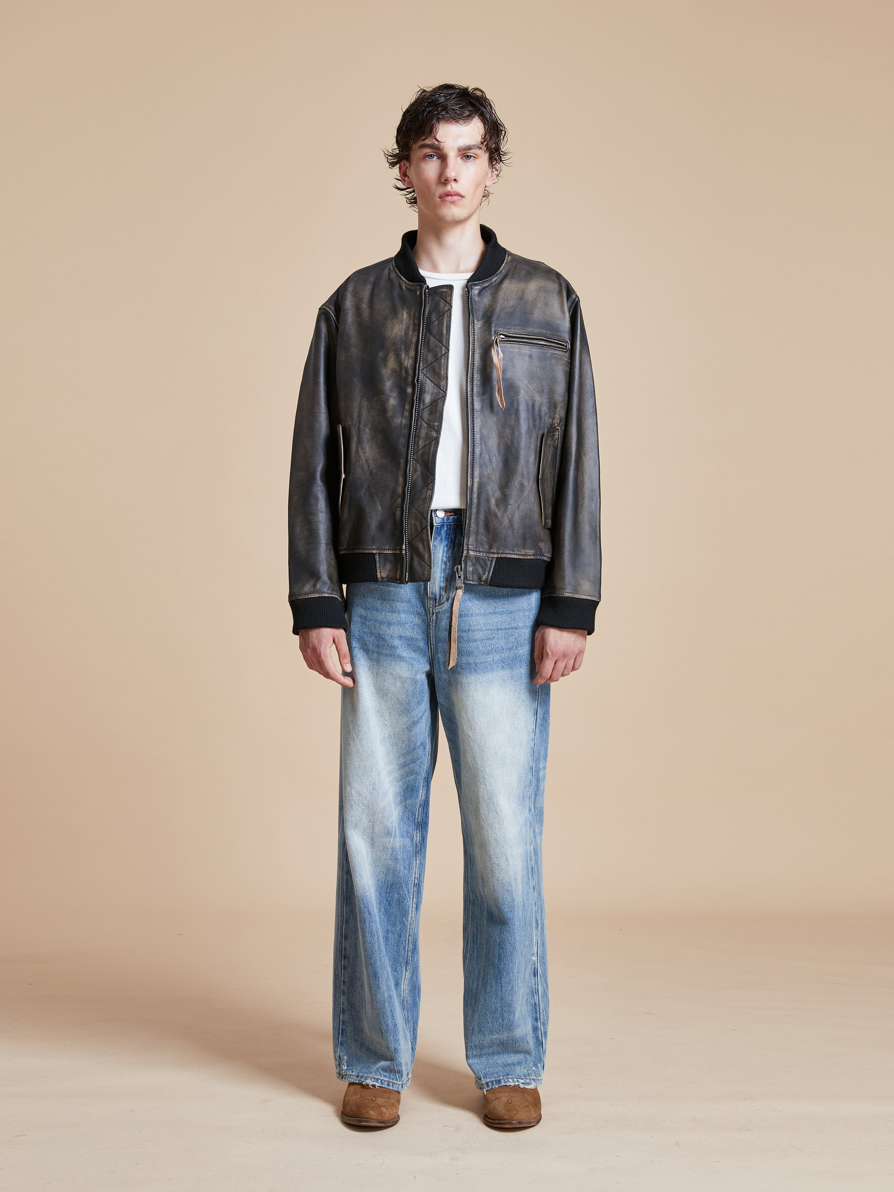 Distressed Leather Bomber Jacket
