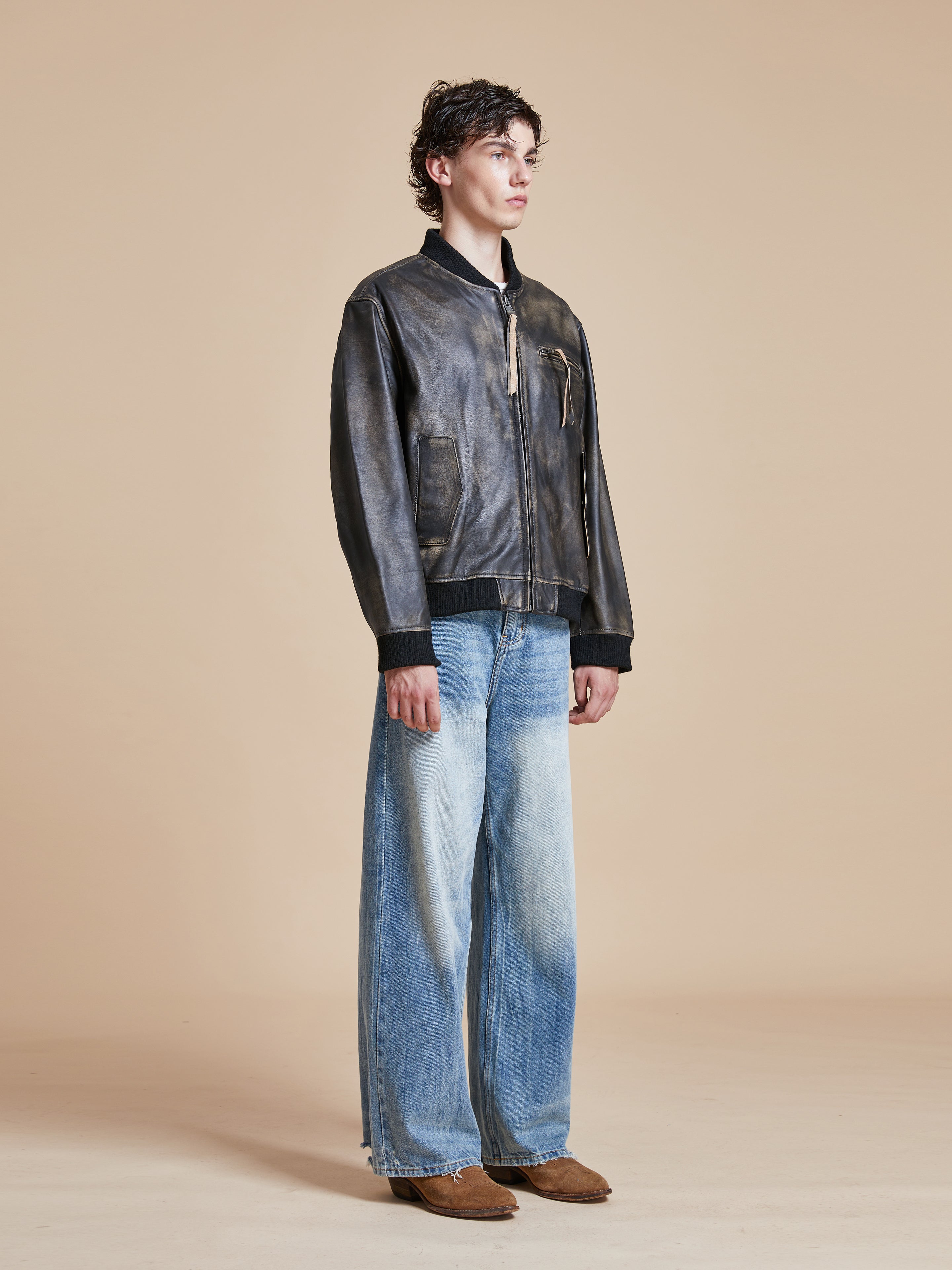 Distressed Leather Bomber Jacket