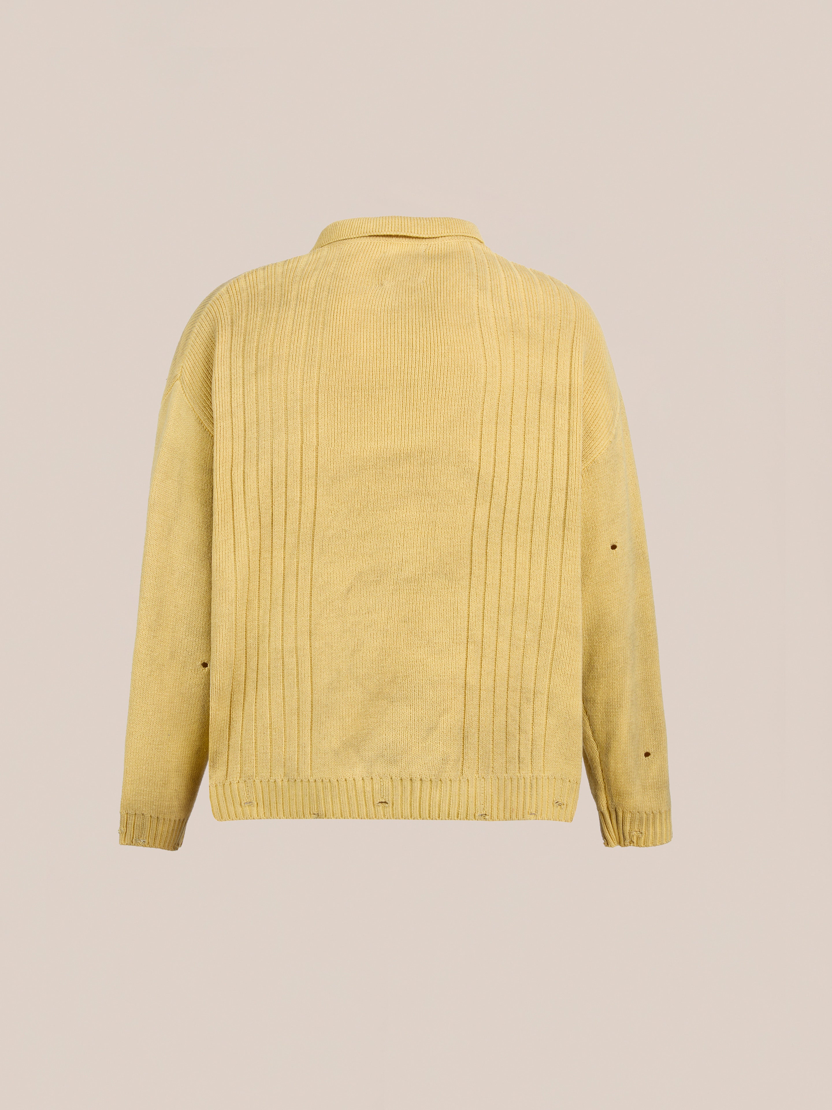 Back view of the FOUND Distressed Pullover Knit—a light yellow unisex long-sleeve sweater with ribbed vertical lines and a collar, shown on a neutral background. Perfect relaxed fit transitional knitwear.