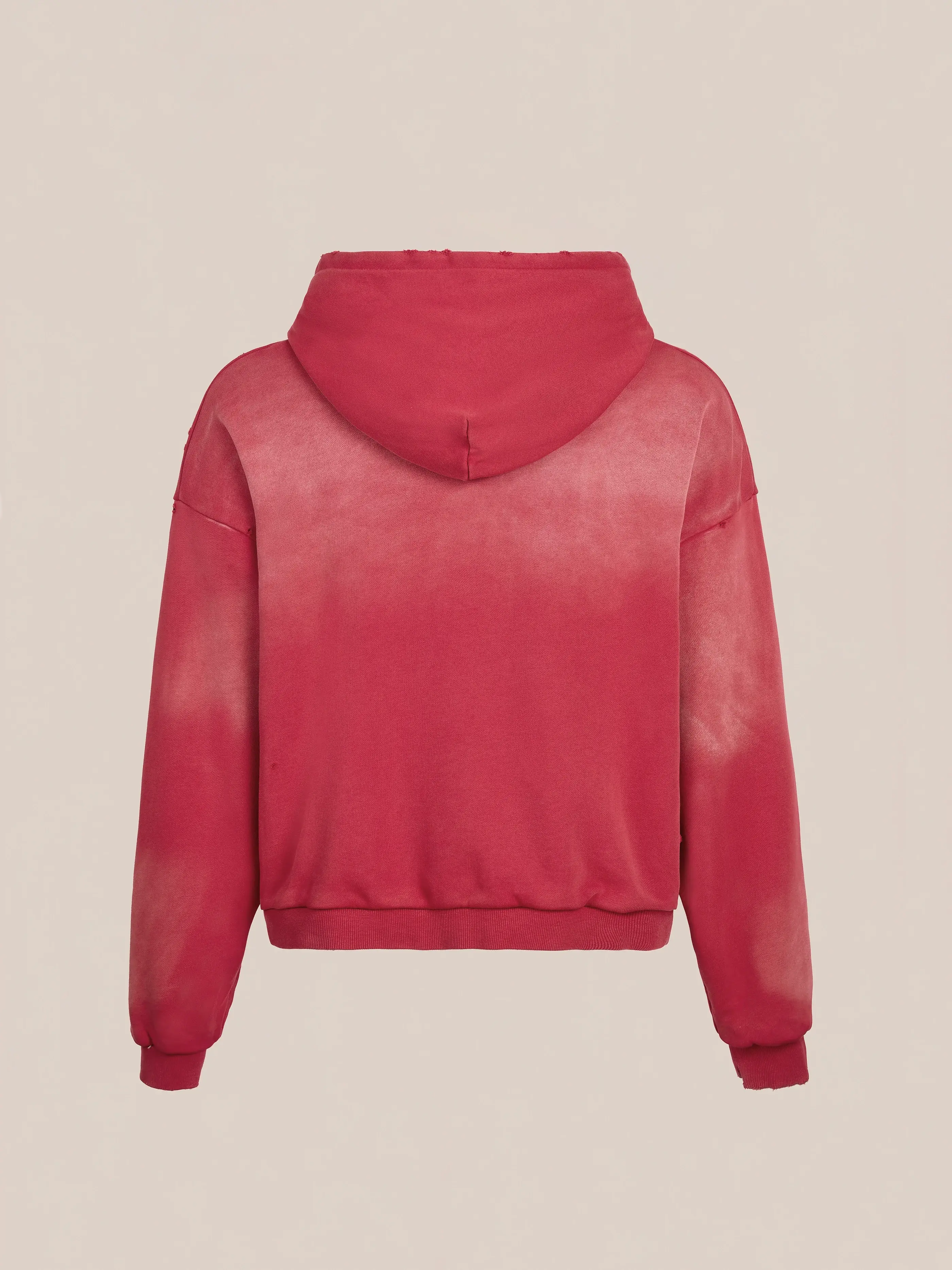 The FOUND Distressed Thermal Lined Zip Up Hoodie features a unisex relaxed fit, hood and long sleeves. Shown from the back in red tie-dye against a plain light background.