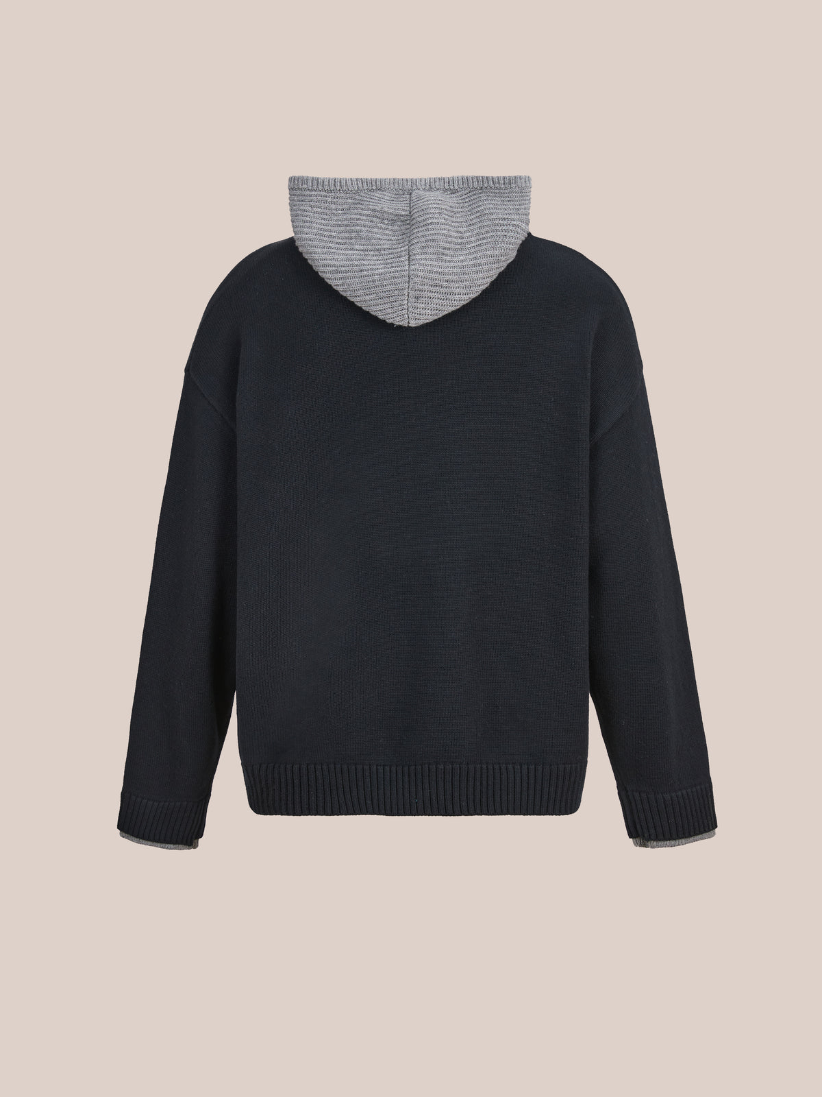 Back view of the FOUND Double Layer V Neck Knit Sweater with ribbed cuffs, hem, and a light gray hood, shown on a plain beige background.