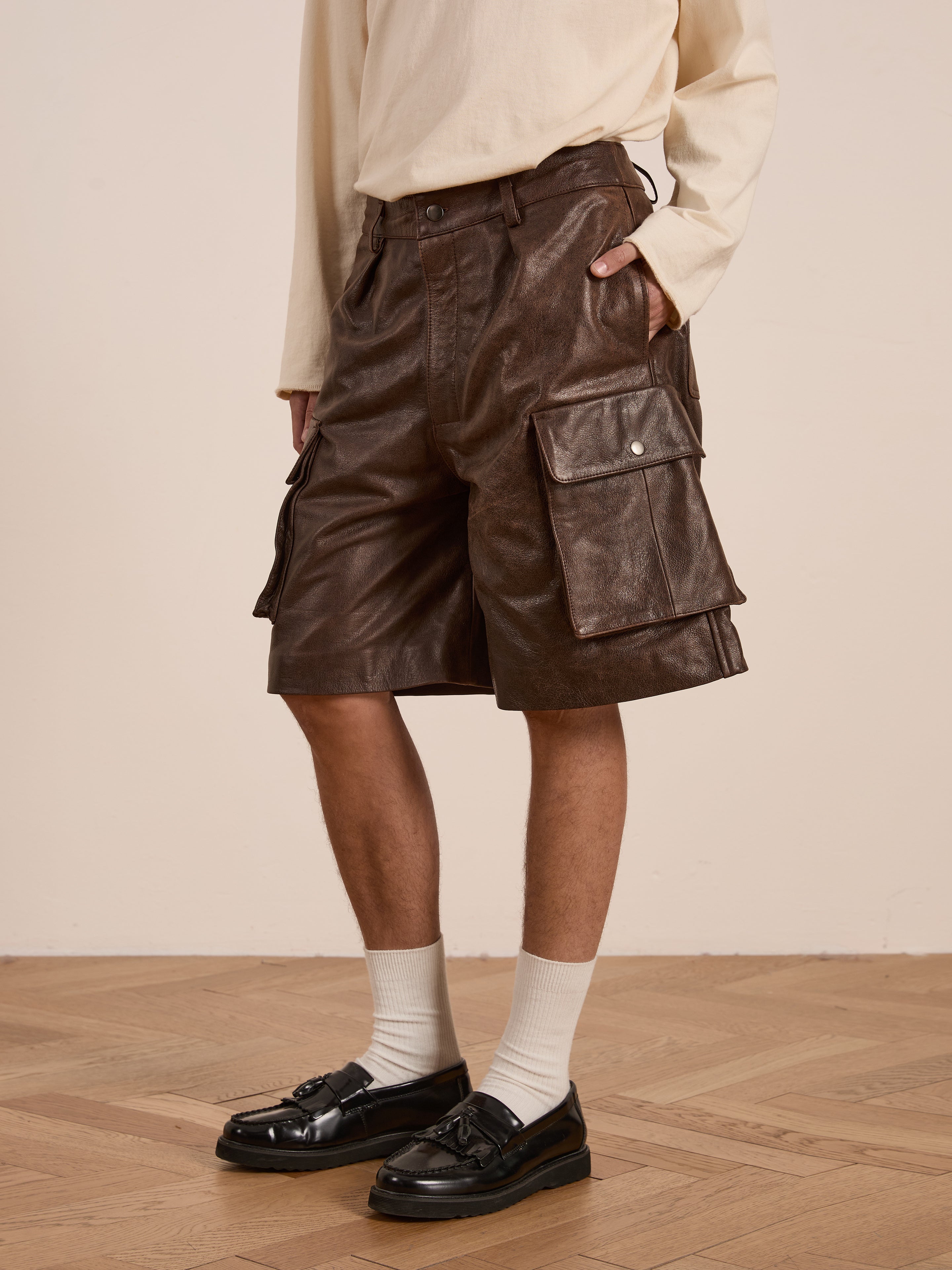 90's〜00's SBEC Leather Cargo Shorts Dusk Distressed Genuine Leather Cargo Shorts