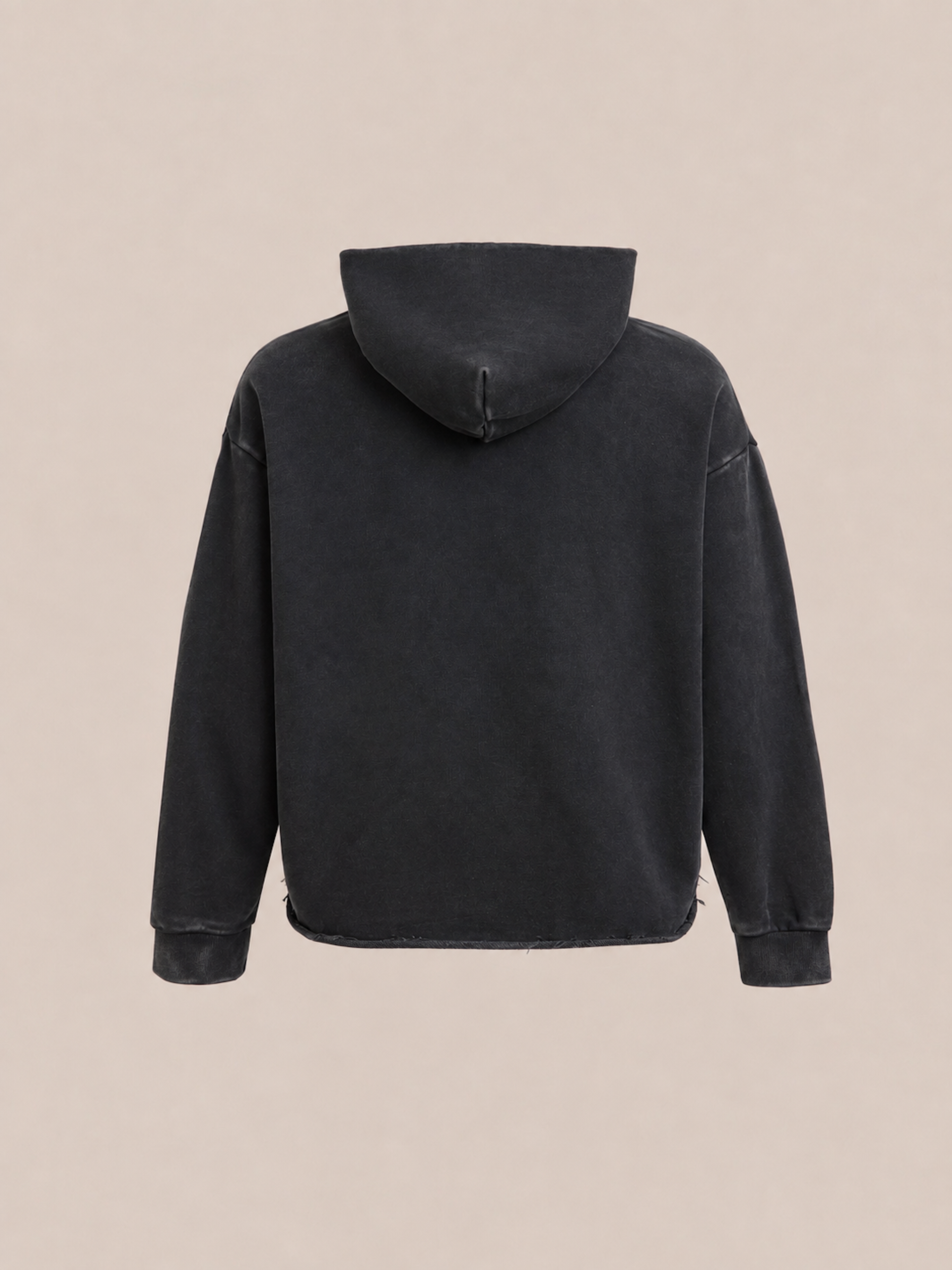The FOUND Embroidered Wildlife Hoodie is shown from the back, featuring long sleeves and a relaxed fit, crafted from vintage French-terry cotton and displayed against a plain beige background.