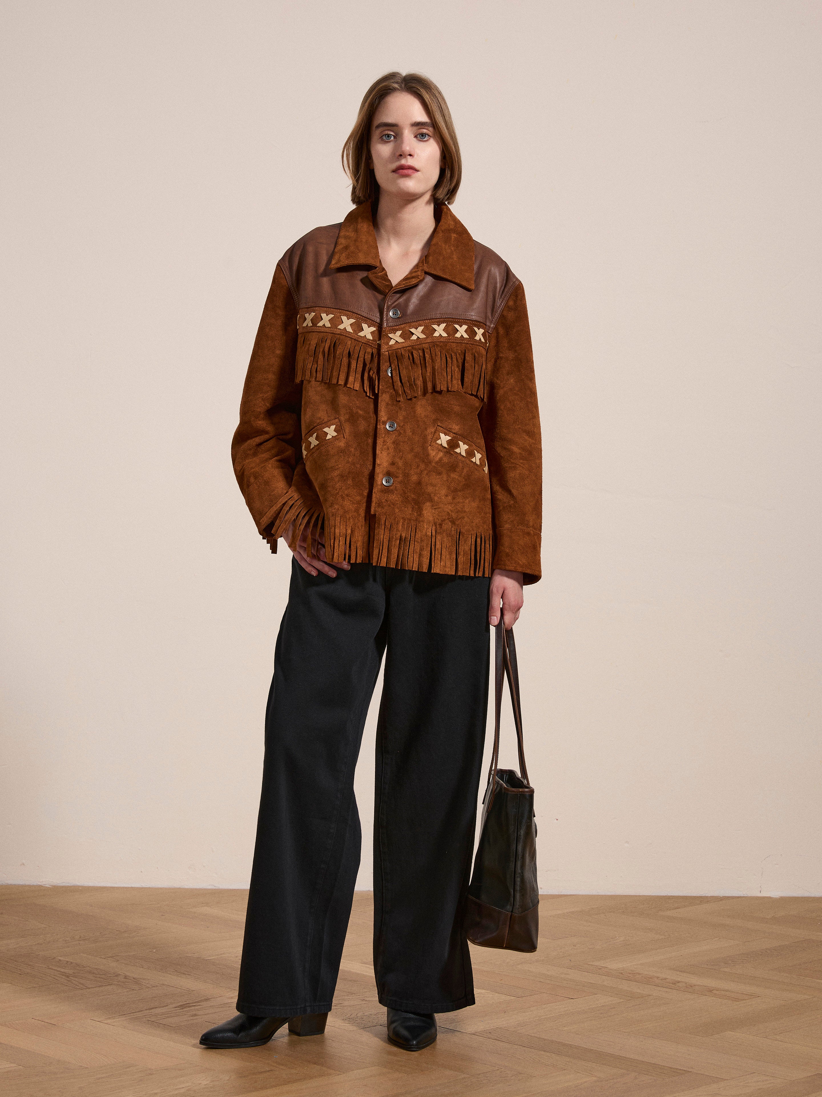 Two-tone Western Fringe Suede Leather Jacket