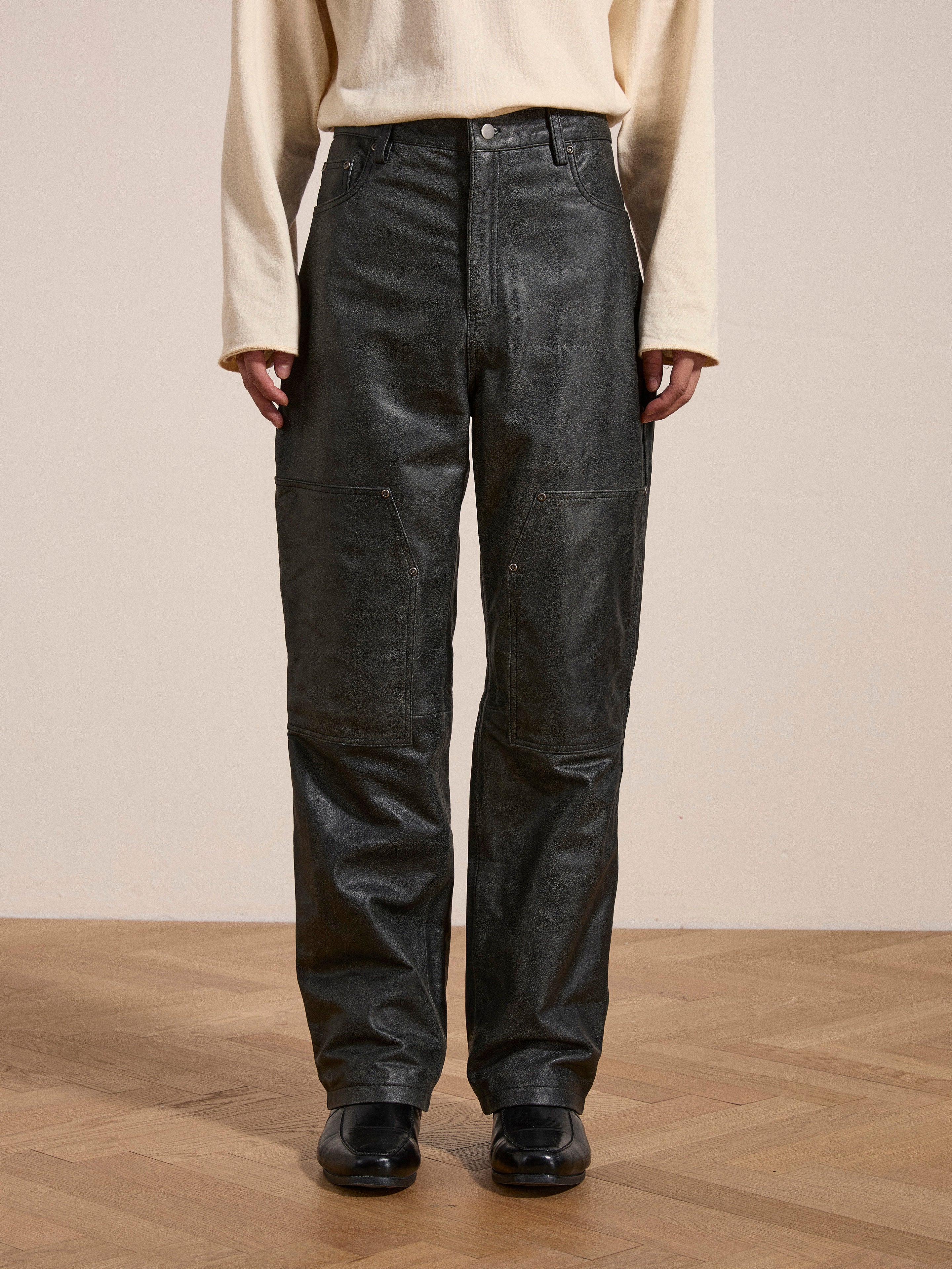 Distressed Genuine Leather Carpenter Pants