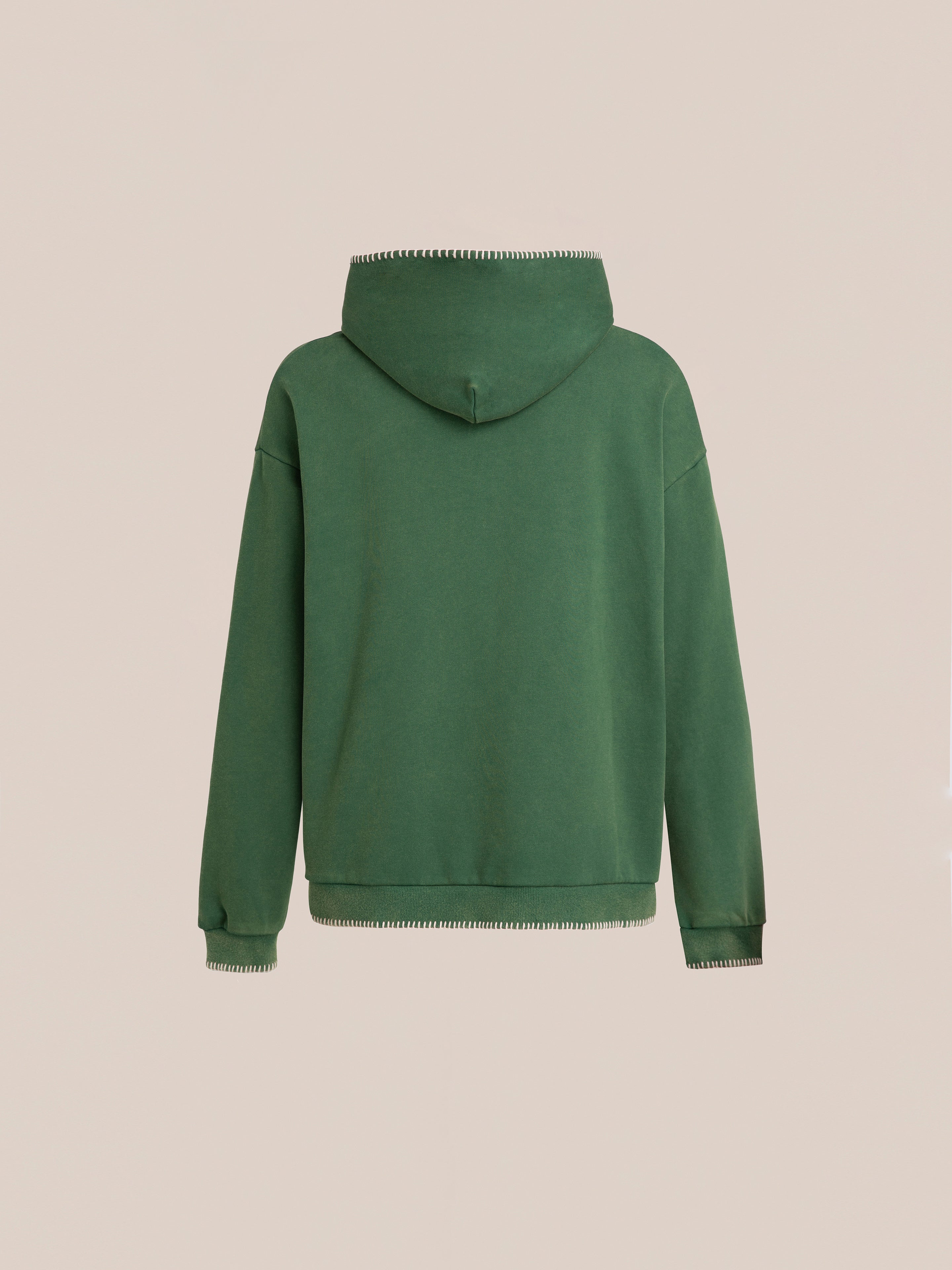 The Stitched Border Distressed Logo Hoodie by FOUND, viewed from the back, showcases a plain green design with ribbed cuffs, a ribbed hem, and an oversized hood for a vintage feel.